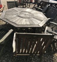 An octagonal teak garden table, 150 cm long x 150 cm deep x 70 cm high,