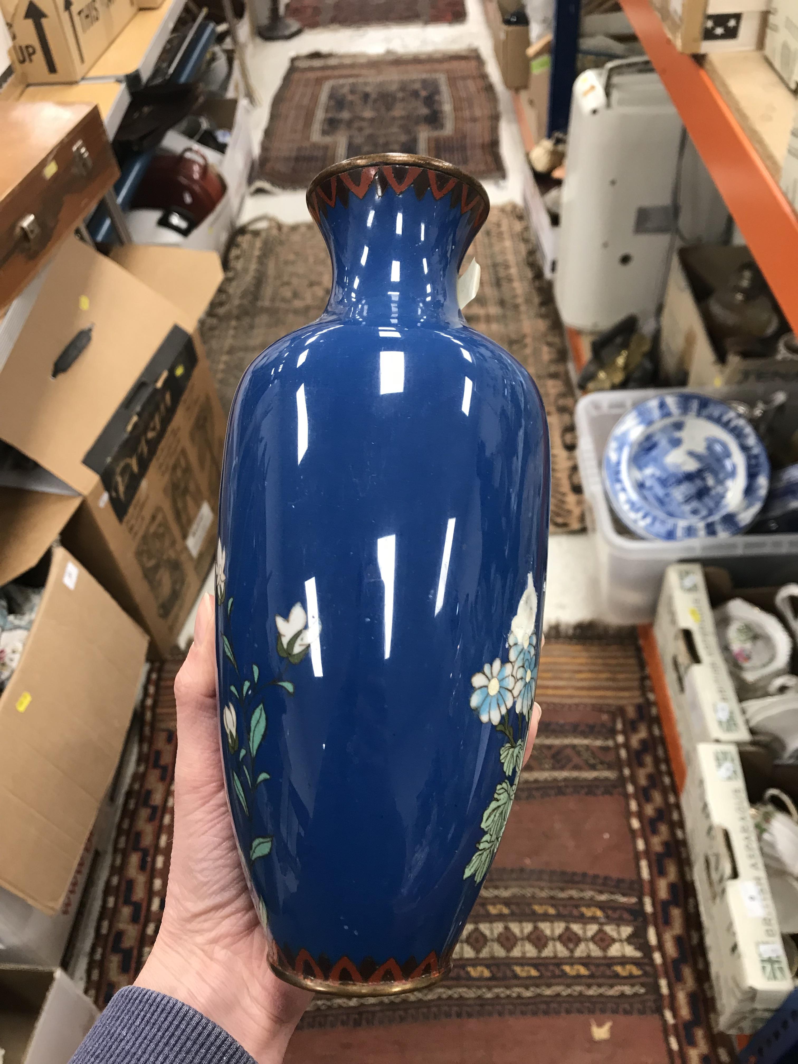 Two similar Chinese blue ground cloisonné vases with floral spray and blossom decoration, - Image 34 of 38