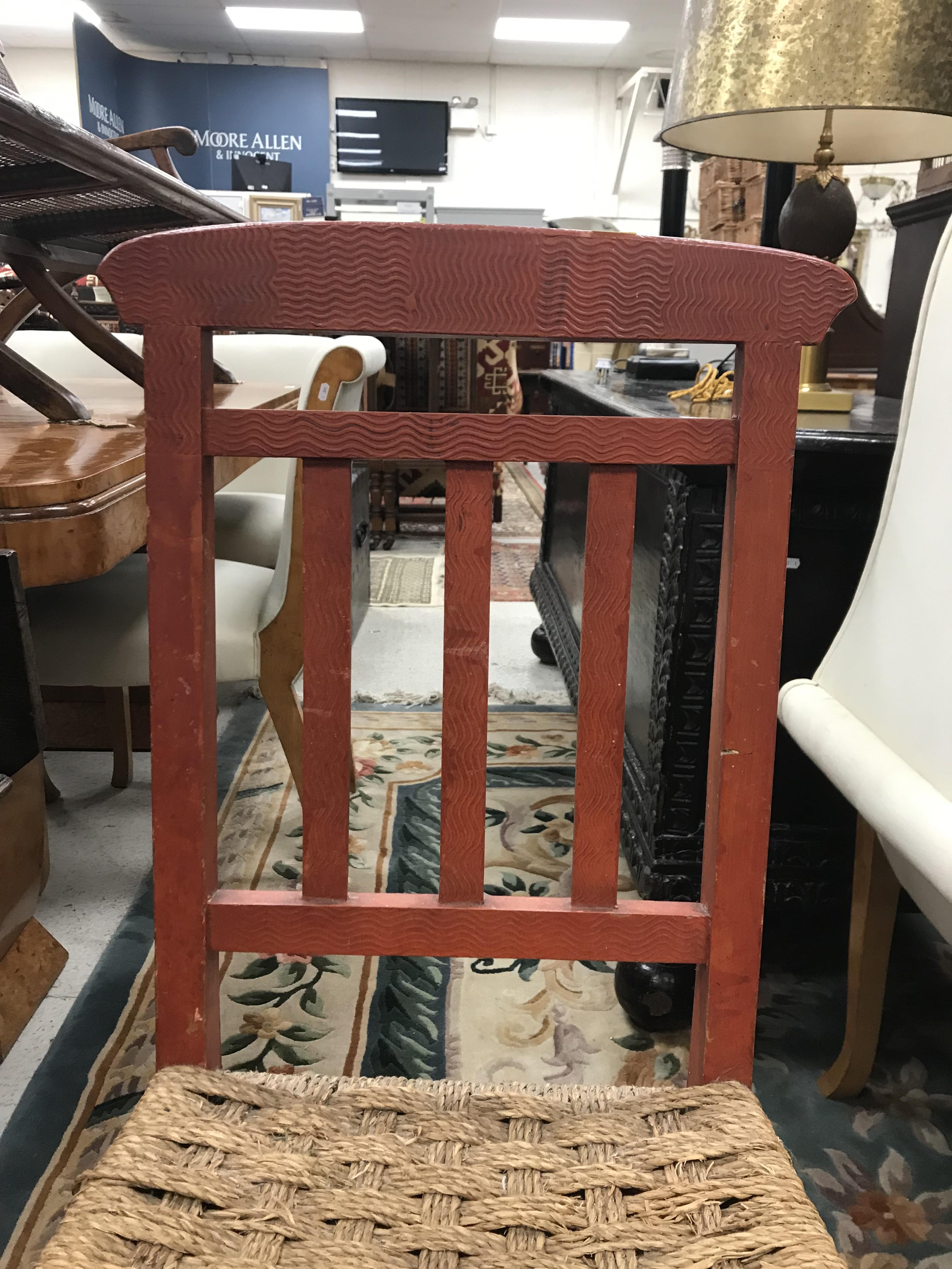 A set of six mid 20th Century red painted wrigglework decorated framed dining chairs, - Image 36 of 128