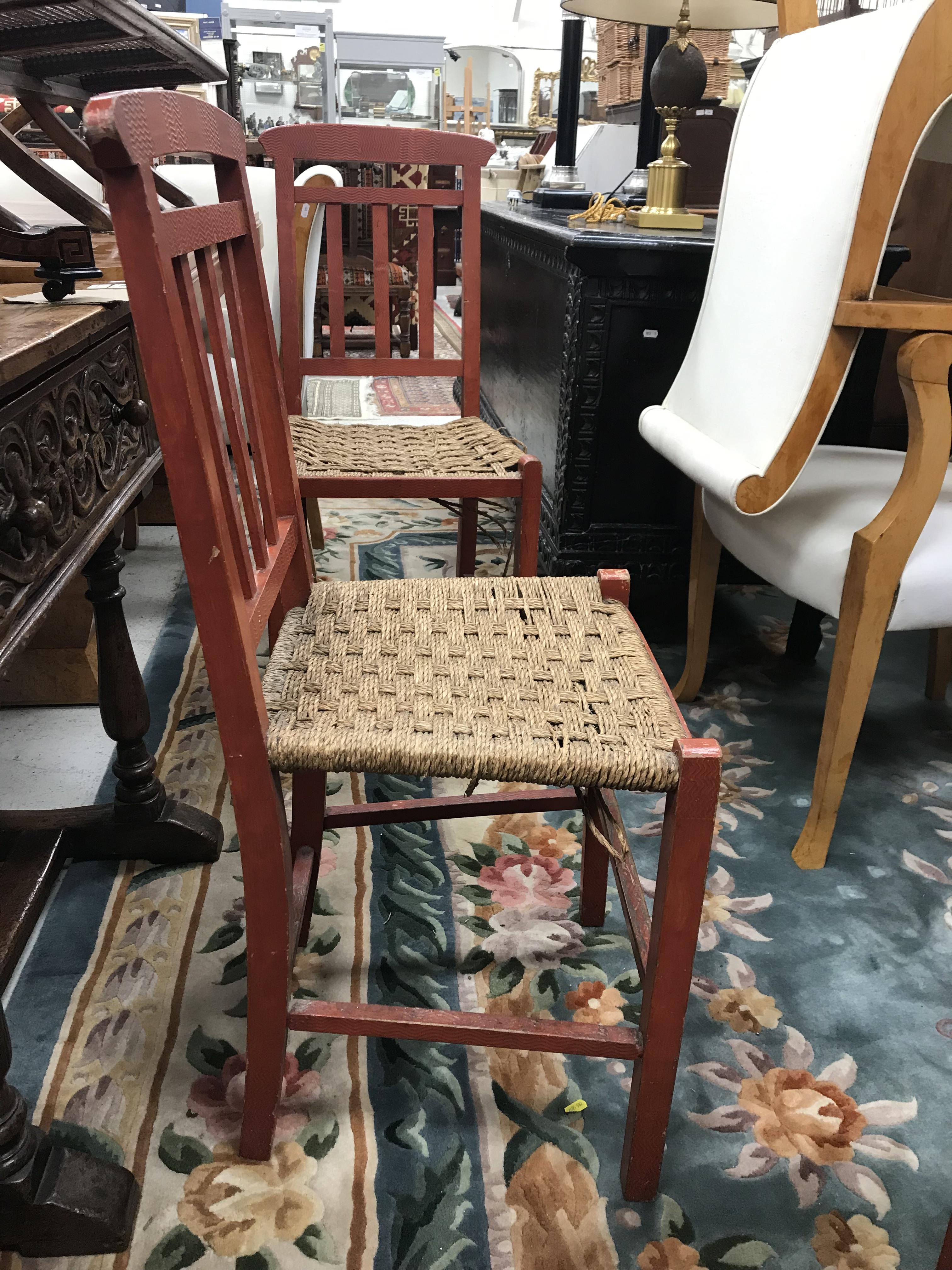 A set of six mid 20th Century red painted wrigglework decorated framed dining chairs, - Image 39 of 128