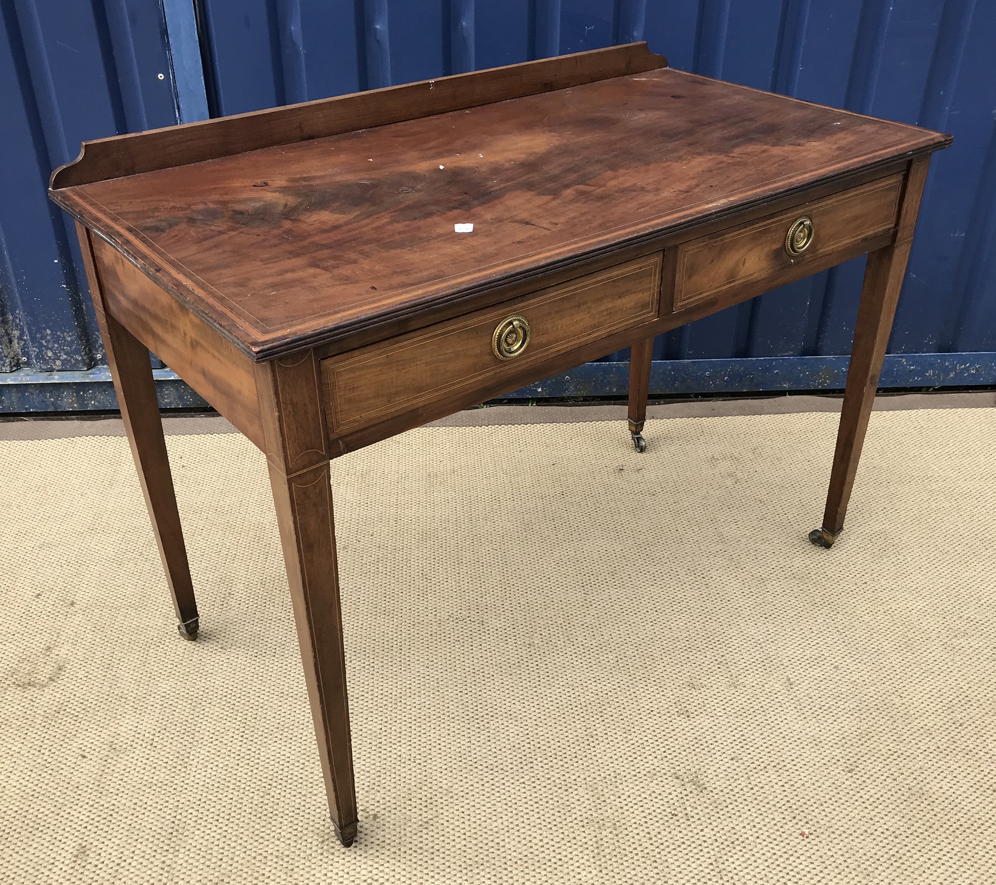 An Edwardian mahogany and satinwood cross-banded single drawer side table on square tapered legs, - Image 3 of 3