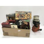 A box of sundry toys and models to include an Airfix scale models construction kit Series 3 BSA C15
