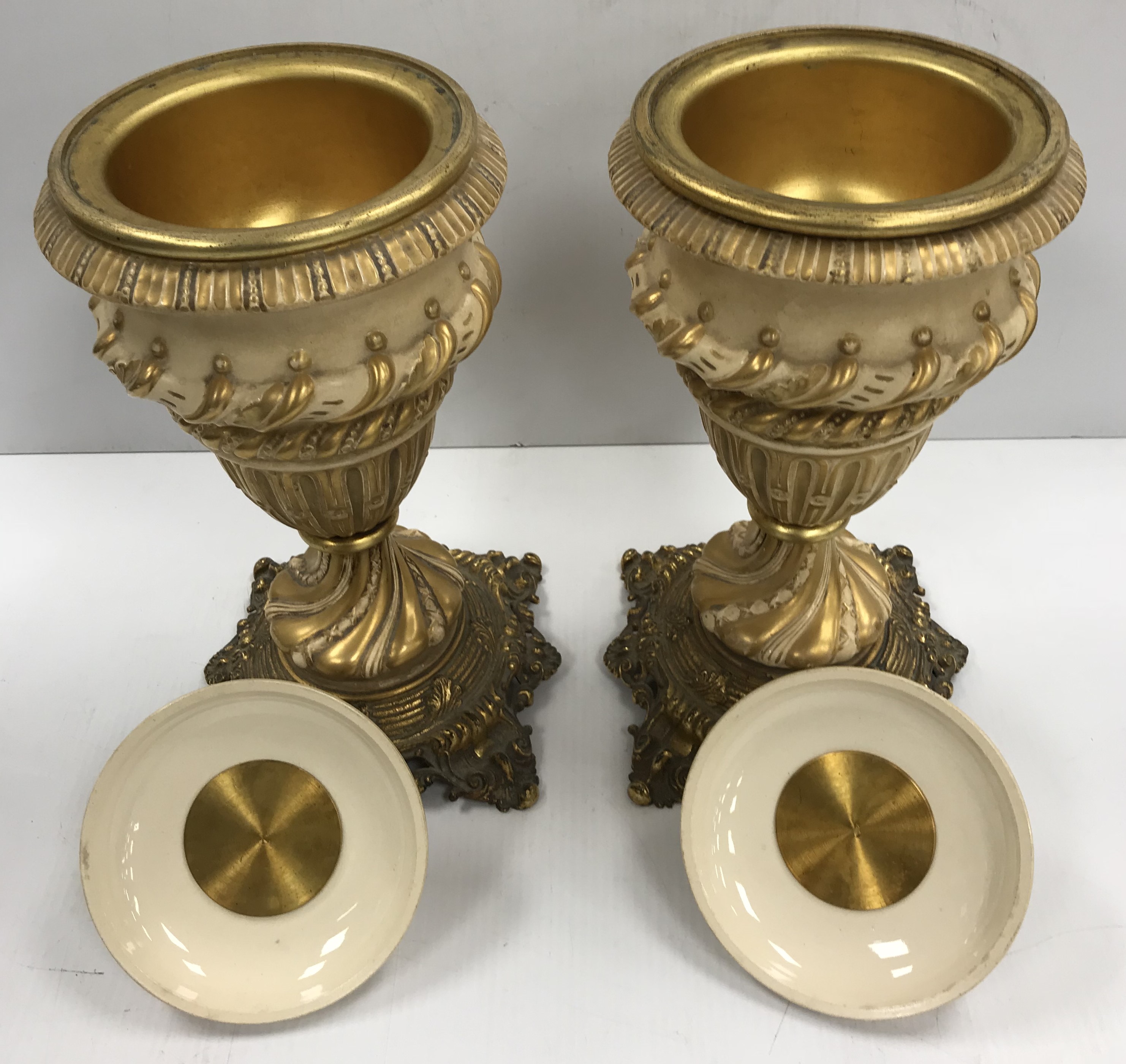 A pair of Continental cream matt glazed and gilded pottery urns and covers with gilt brass - Image 2 of 3