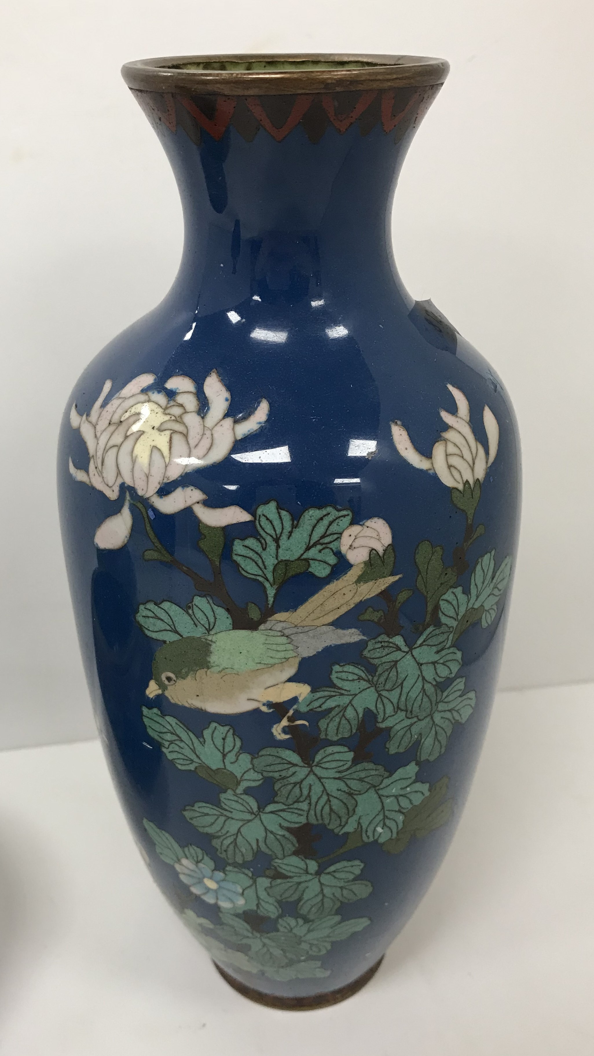 Two similar Chinese blue ground cloisonné vases with floral spray and blossom decoration, - Image 3 of 38