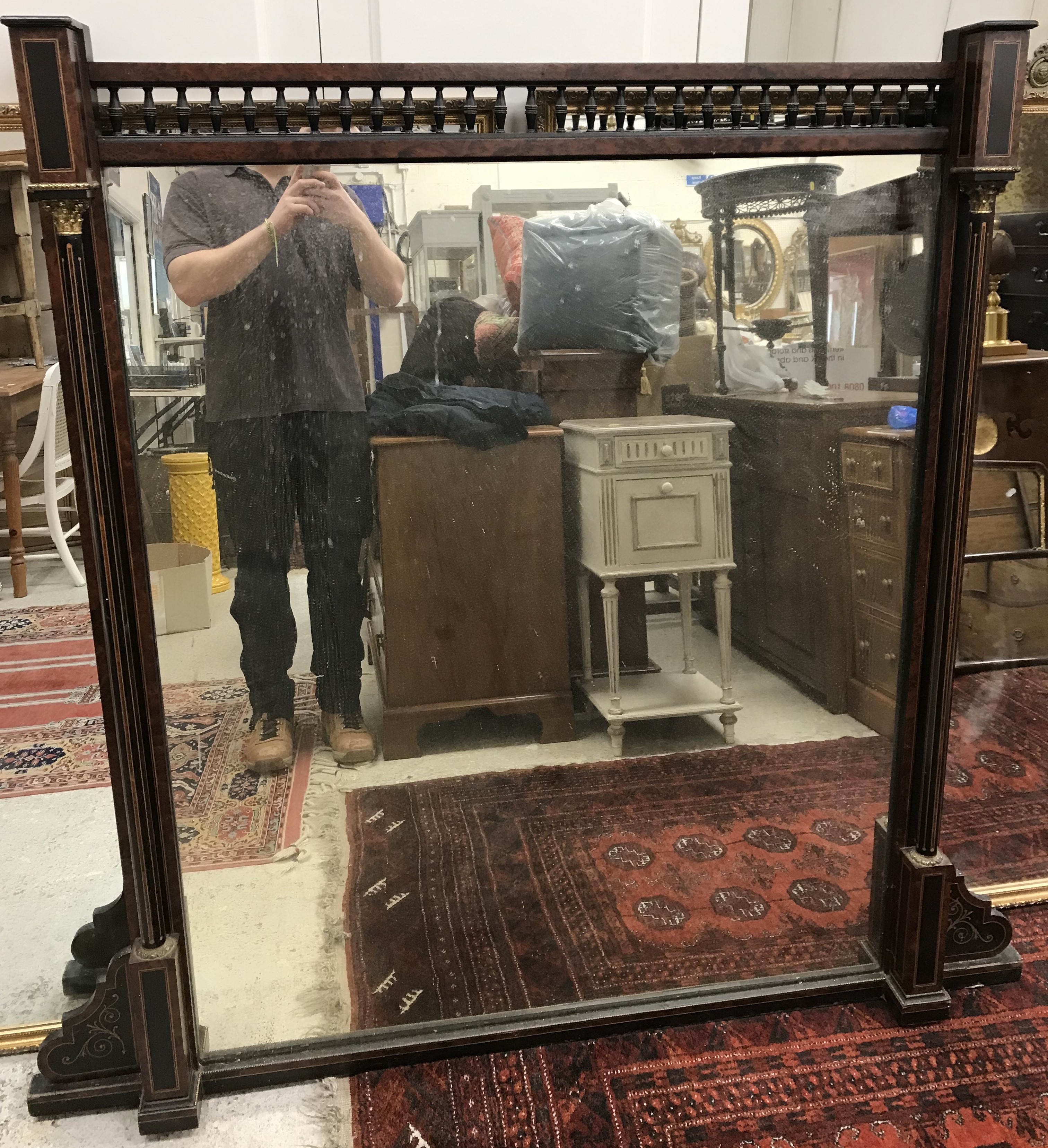 A 19th Century burr amboyna and black painted overmantel mirror,