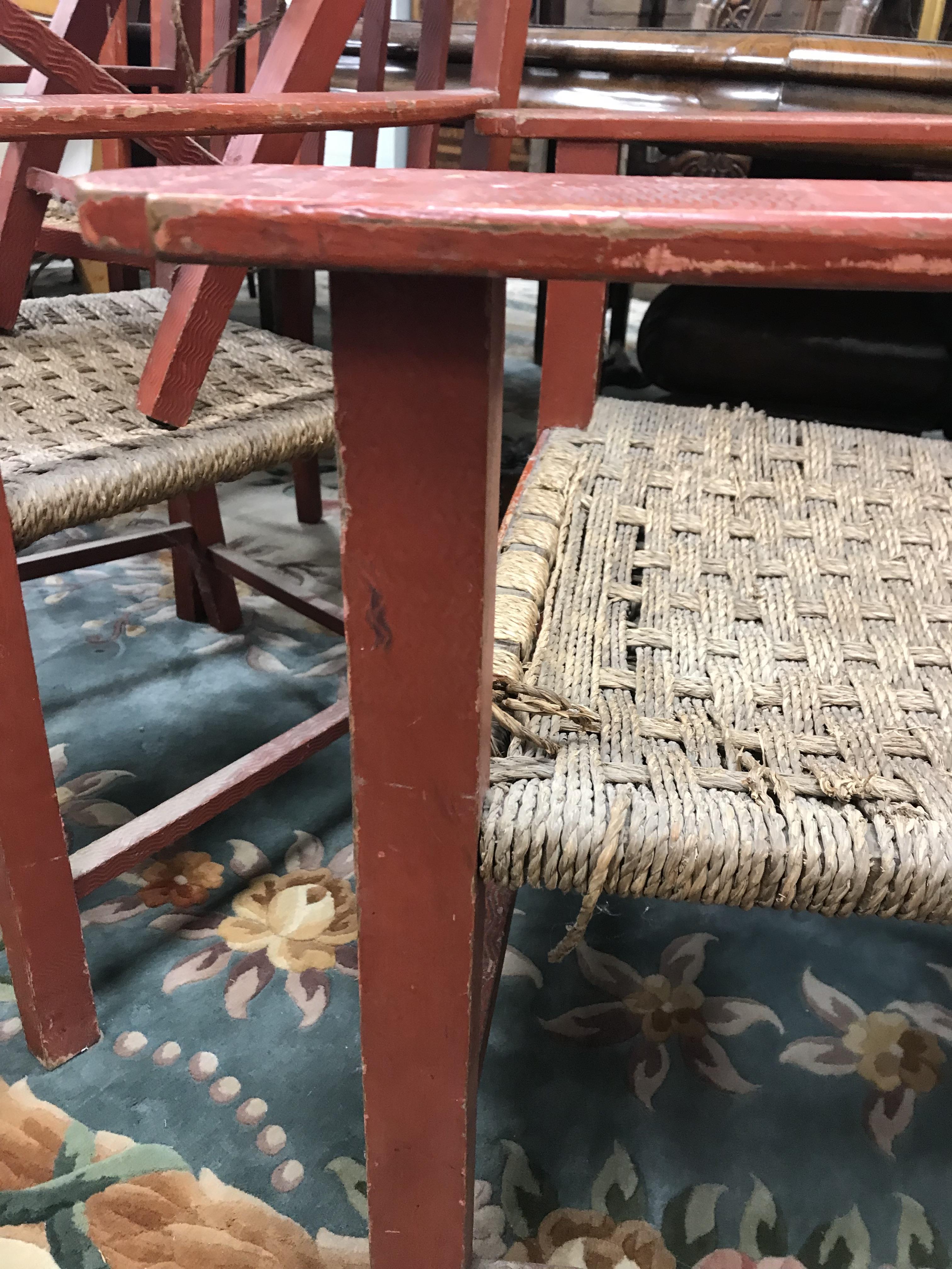 A set of six mid 20th Century red painted wrigglework decorated framed dining chairs, - Image 102 of 128