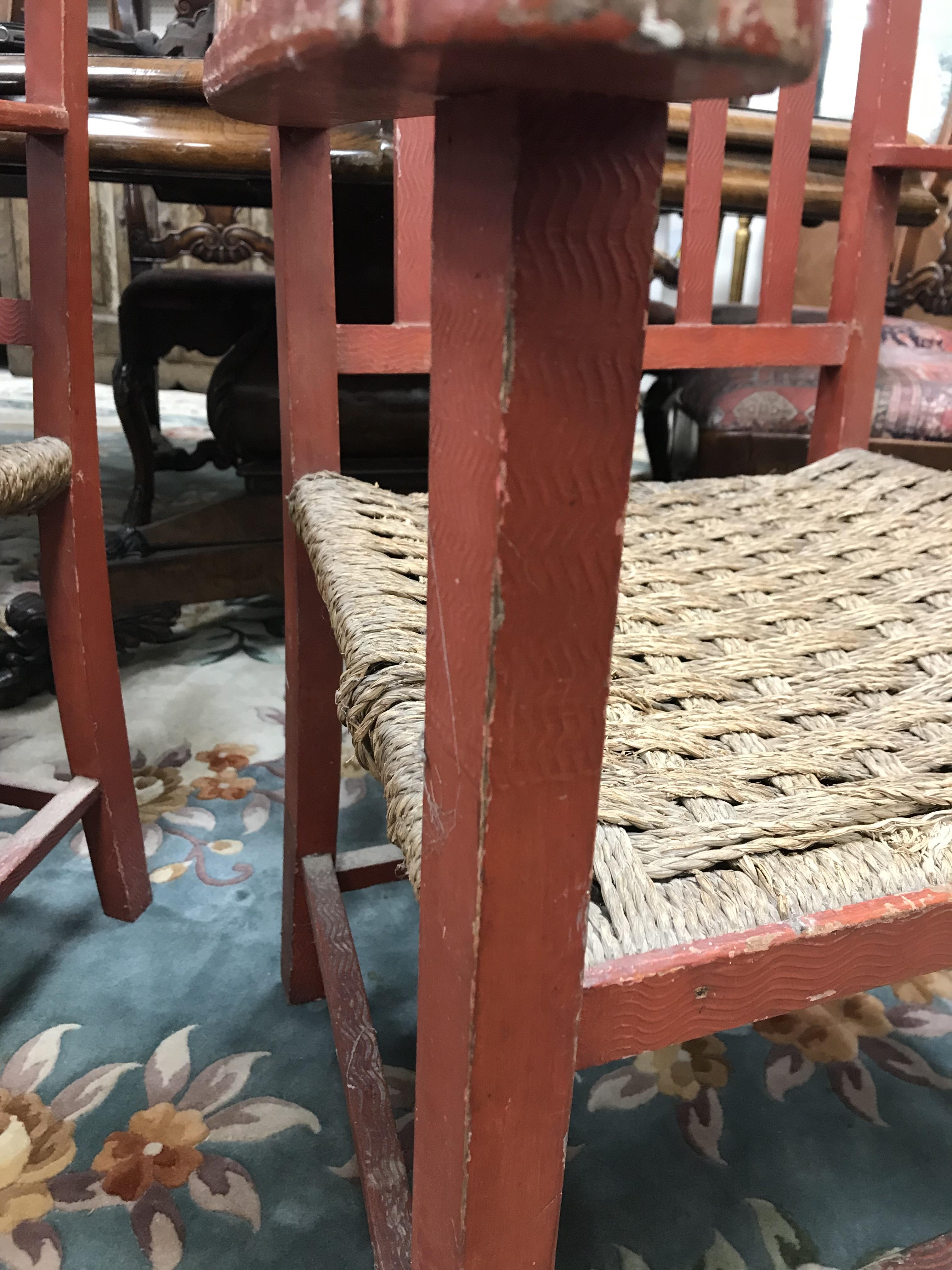 A set of six mid 20th Century red painted wrigglework decorated framed dining chairs, - Image 116 of 128