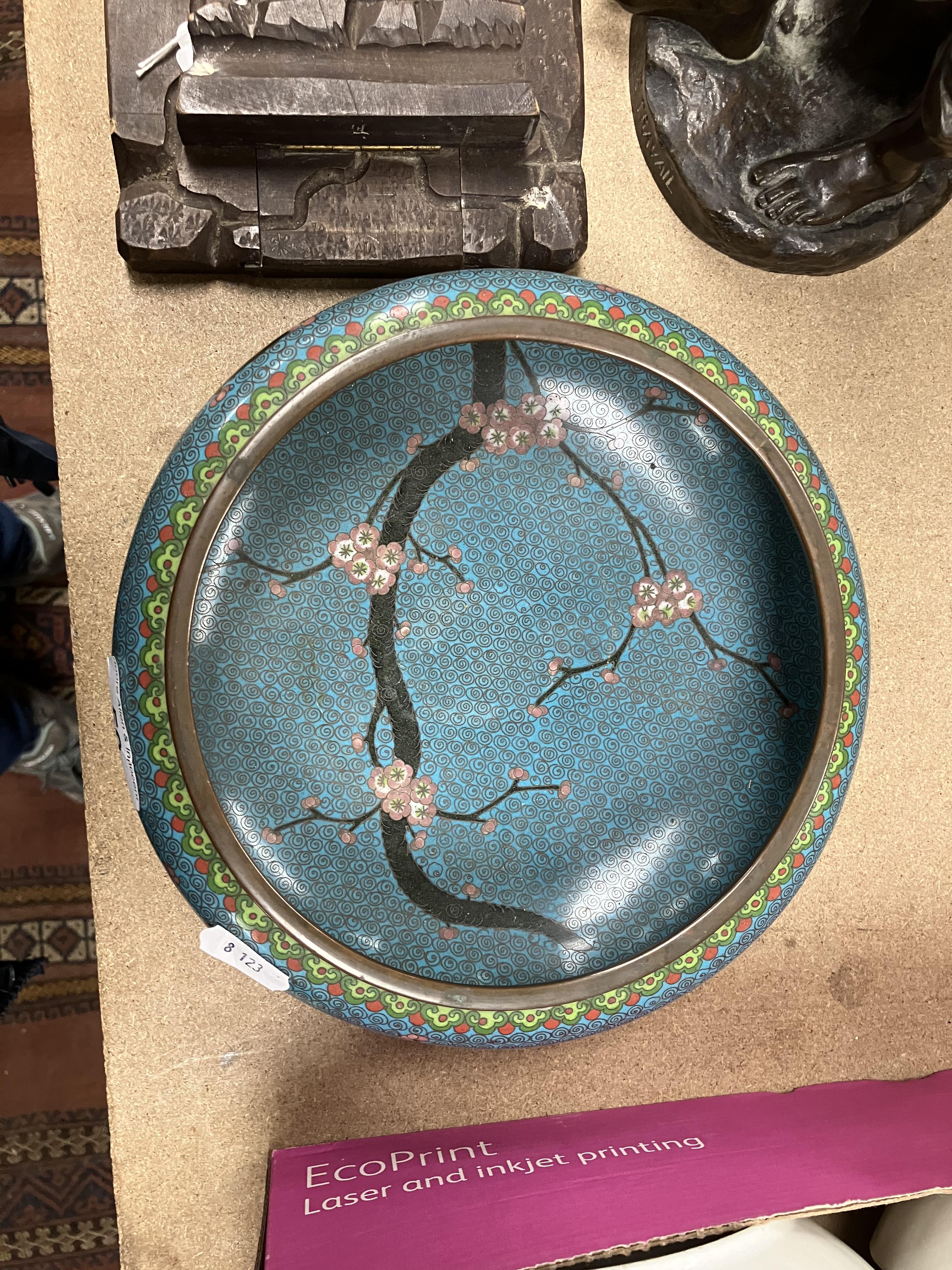 A Chinese turquoise ground cloisonné shallow bowl decorated with branches of prunus blossom raised - Image 19 of 24