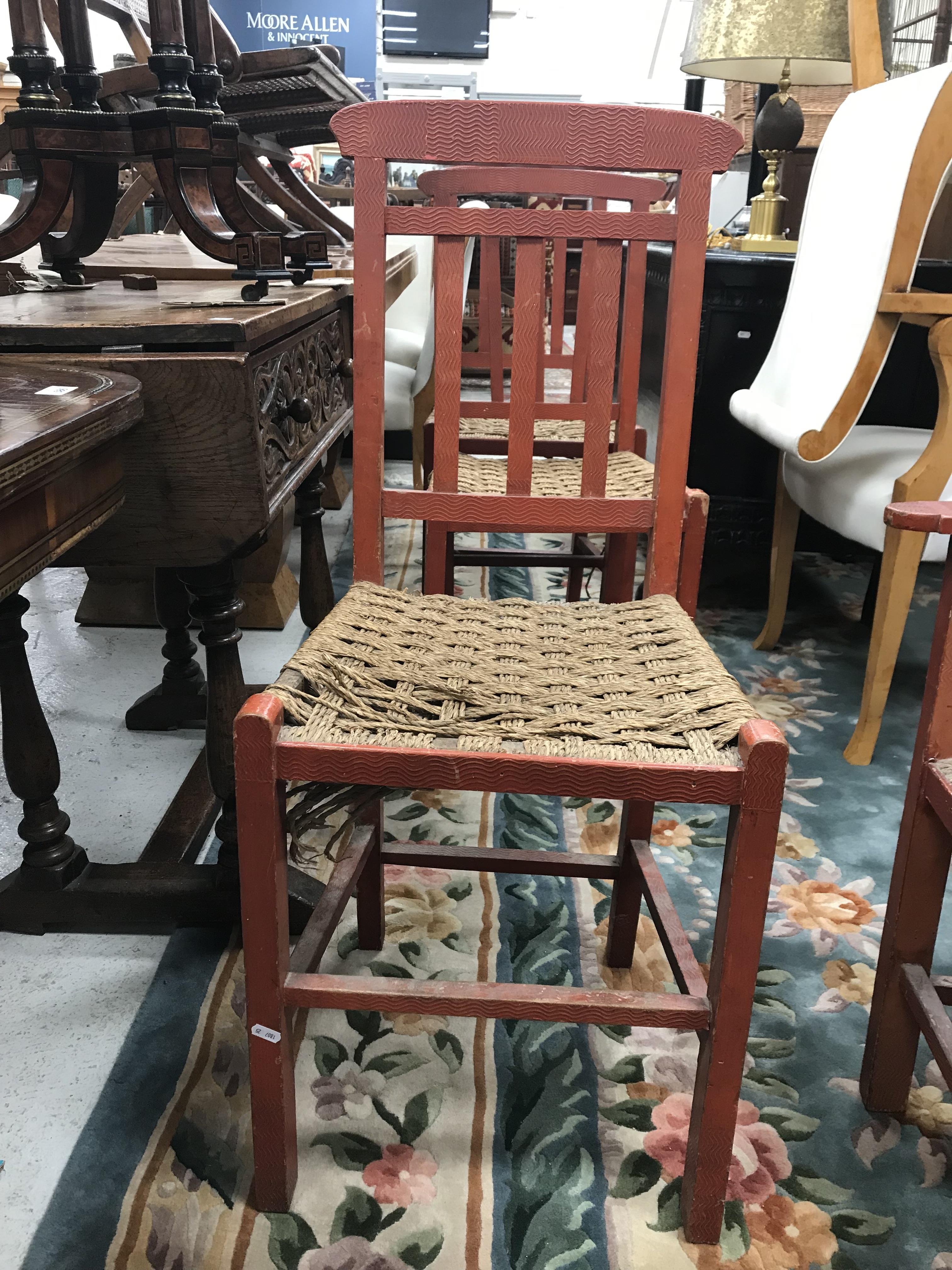 A set of six mid 20th Century red painted wrigglework decorated framed dining chairs, - Image 59 of 128
