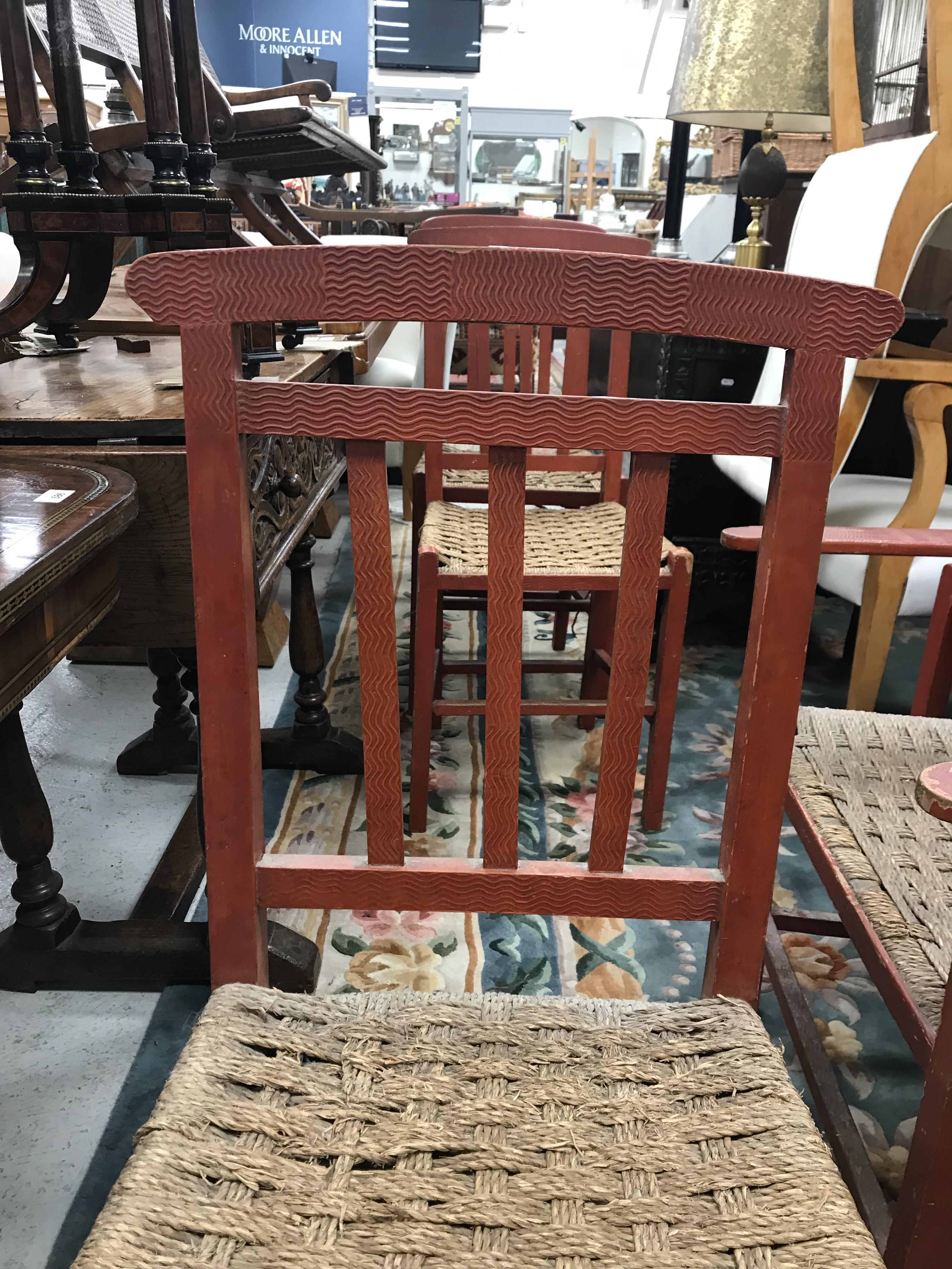A set of six mid 20th Century red painted wrigglework decorated framed dining chairs, - Image 89 of 128