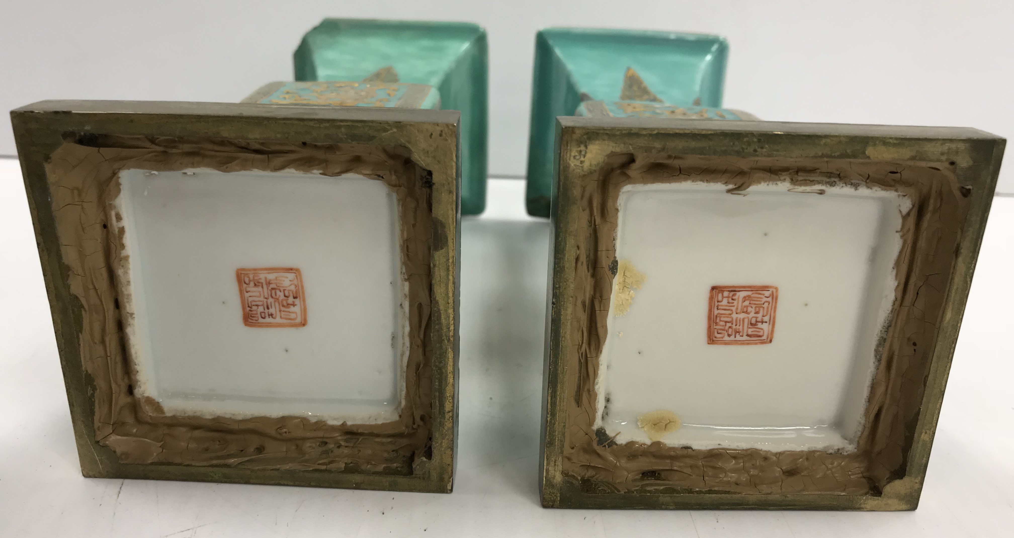 A pair of Chinese turquoise glazed gu vases of flared square form, - Image 3 of 44