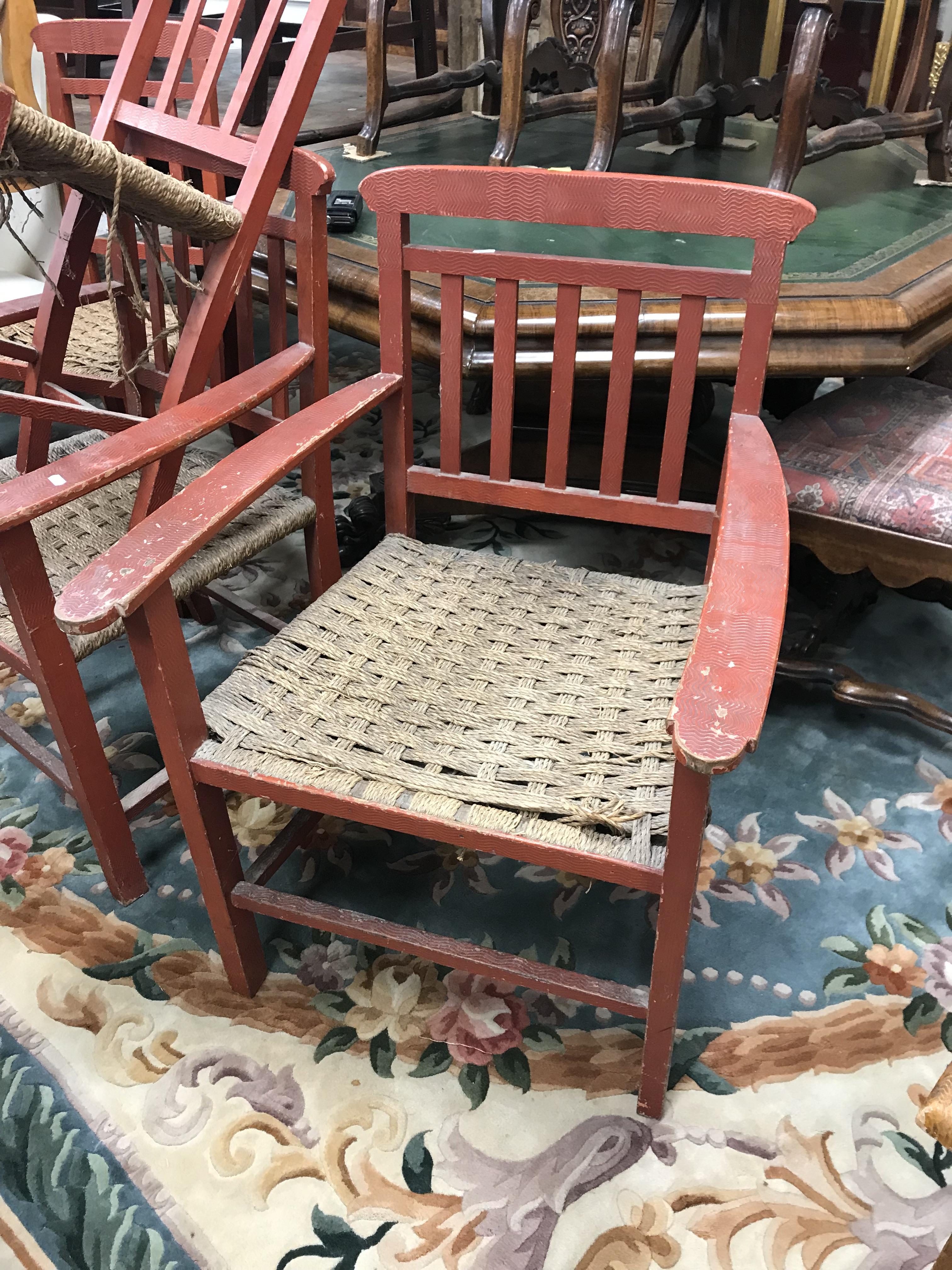 A set of six mid 20th Century red painted wrigglework decorated framed dining chairs, - Image 128 of 128