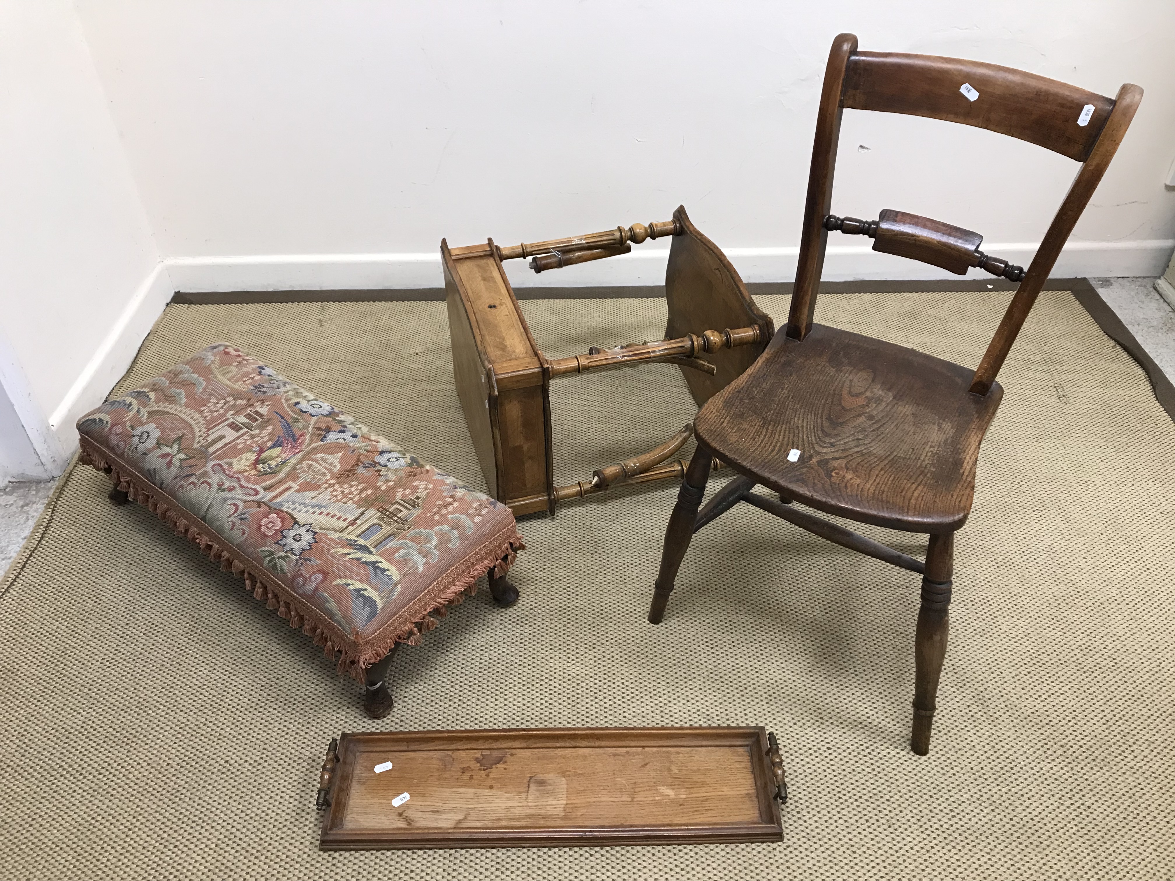 A 19th Century beech and elm Oxford bar back chair, a North Country rush seat spindle back chair, - Image 4 of 4