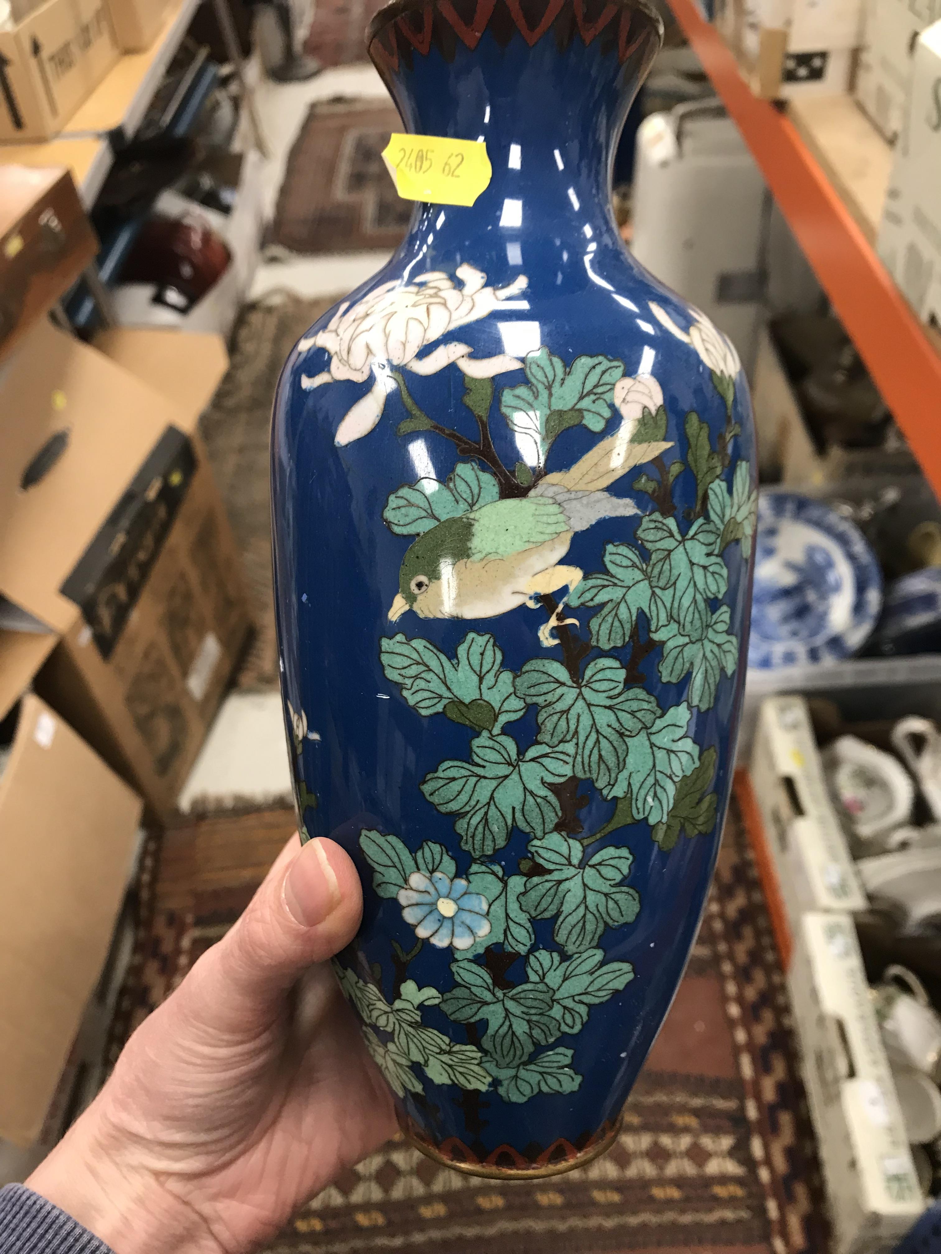 Two similar Chinese blue ground cloisonné vases with floral spray and blossom decoration, - Image 38 of 38