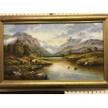 W. REEVES "Rural landscape with cows and river" oil on canvas, signed lower right, 36 cm x 61.