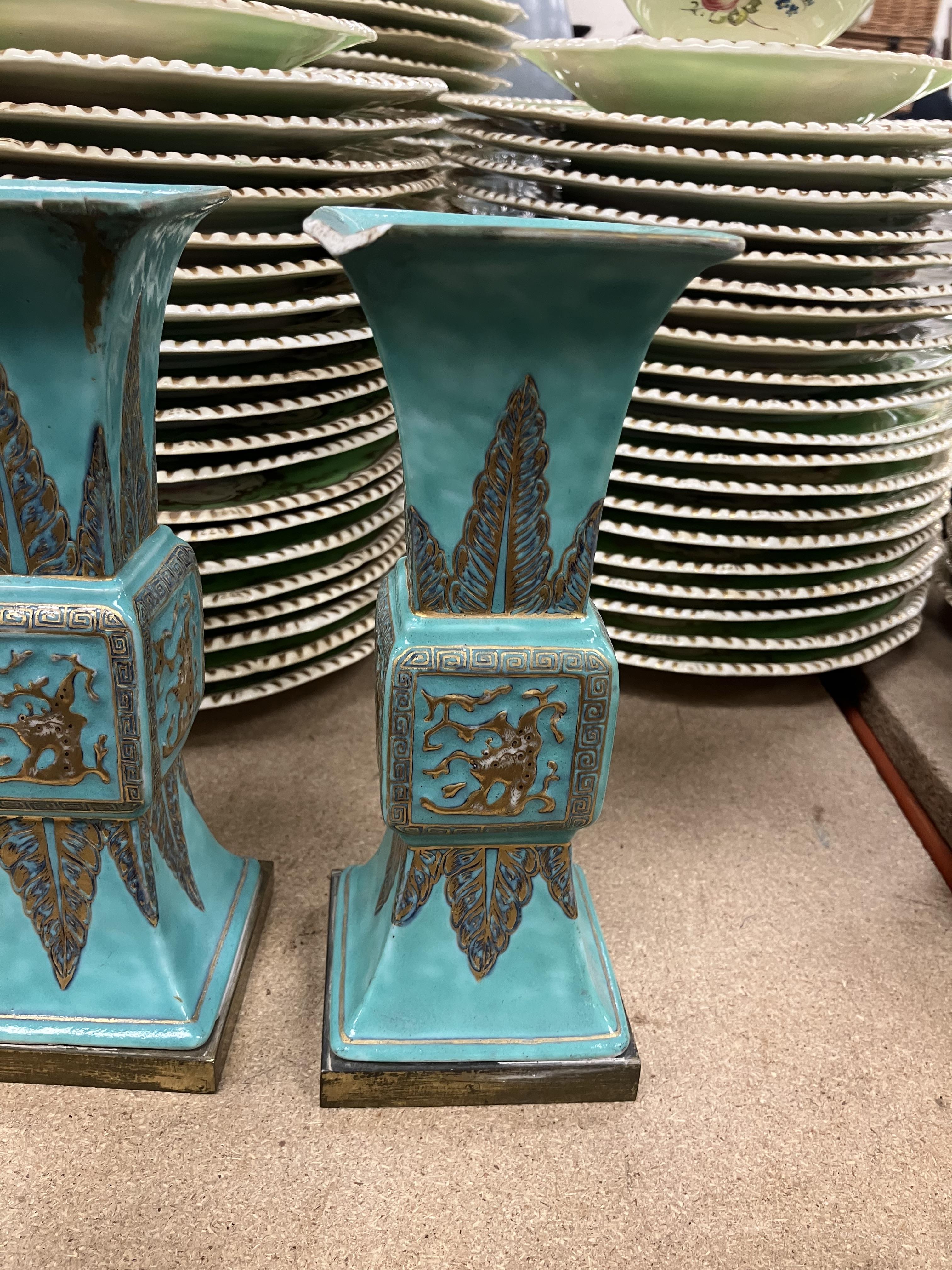 A pair of Chinese turquoise glazed gu vases of flared square form, - Image 26 of 44