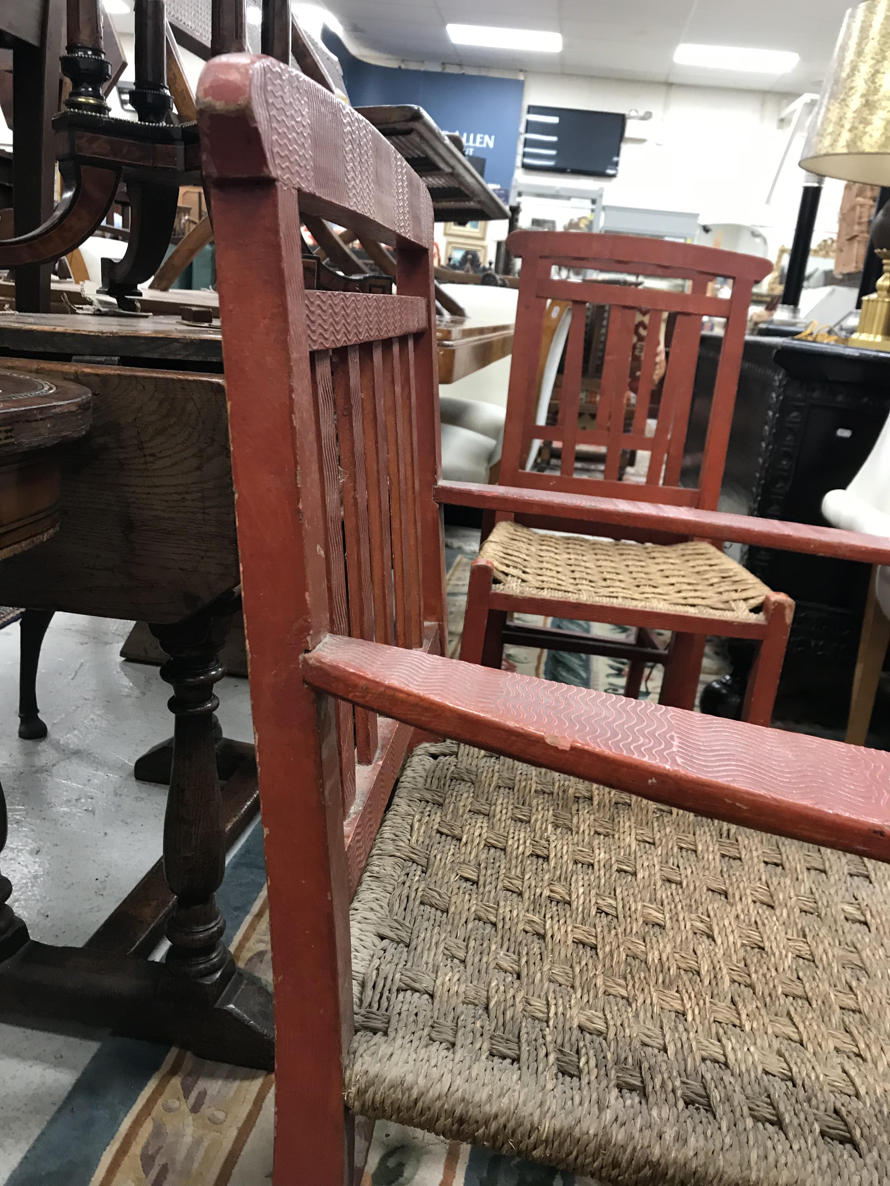 A set of six mid 20th Century red painted wrigglework decorated framed dining chairs, - Image 64 of 128