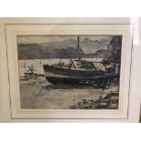 HENRY READMAN "Beached fishing boat by water's edge, factory in the background", watercolour,