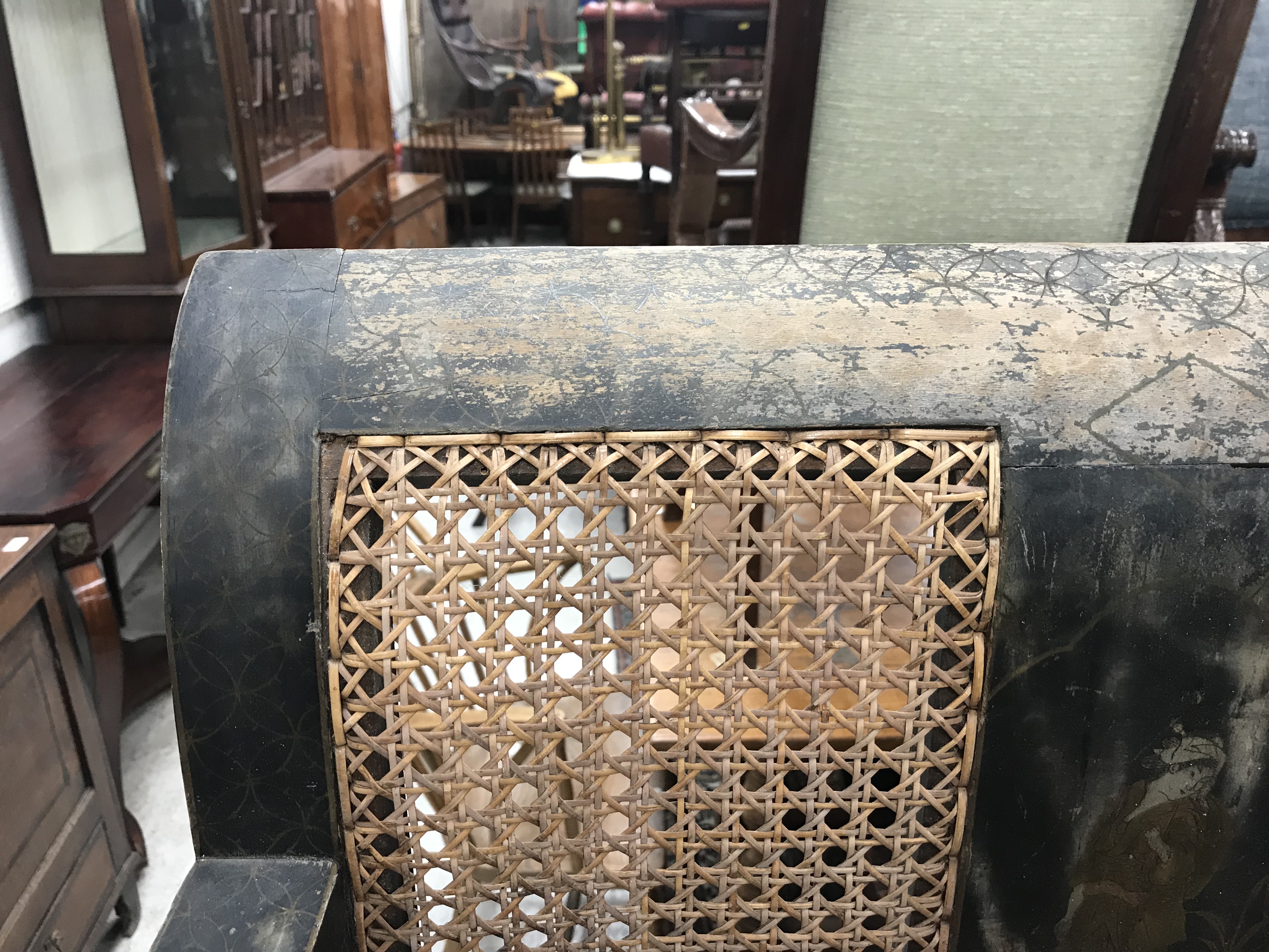 A pair of early 20th Century black lacquered and chinoiserie decorated caned low arm chairs on - Image 11 of 36