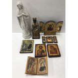 A box of various religious artefacts including a blanc de chine figure of "The Virgin Mary",