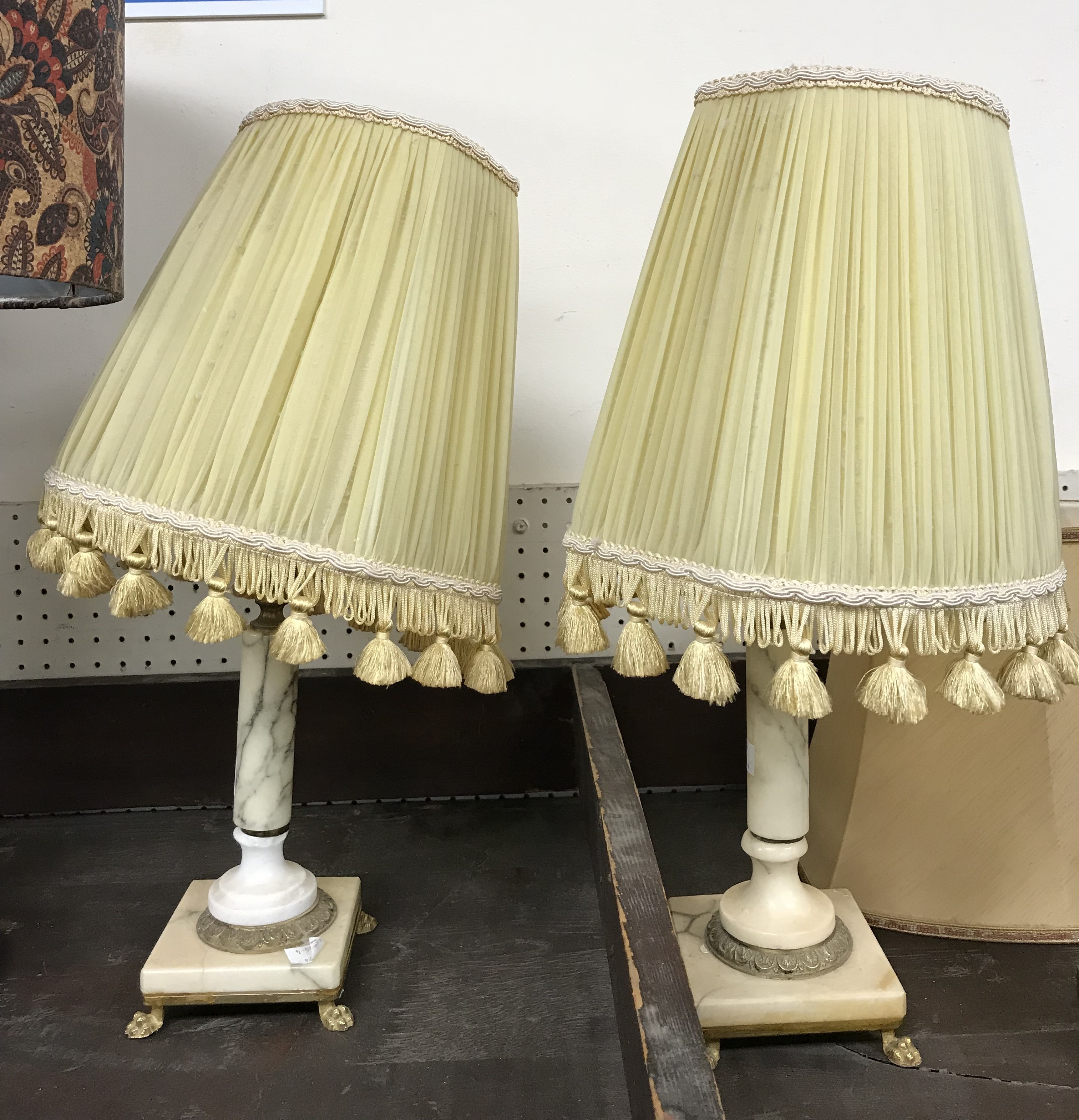 A set of three contemporary gold painted metal navette design table lamps and shades approx. - Image 4 of 6