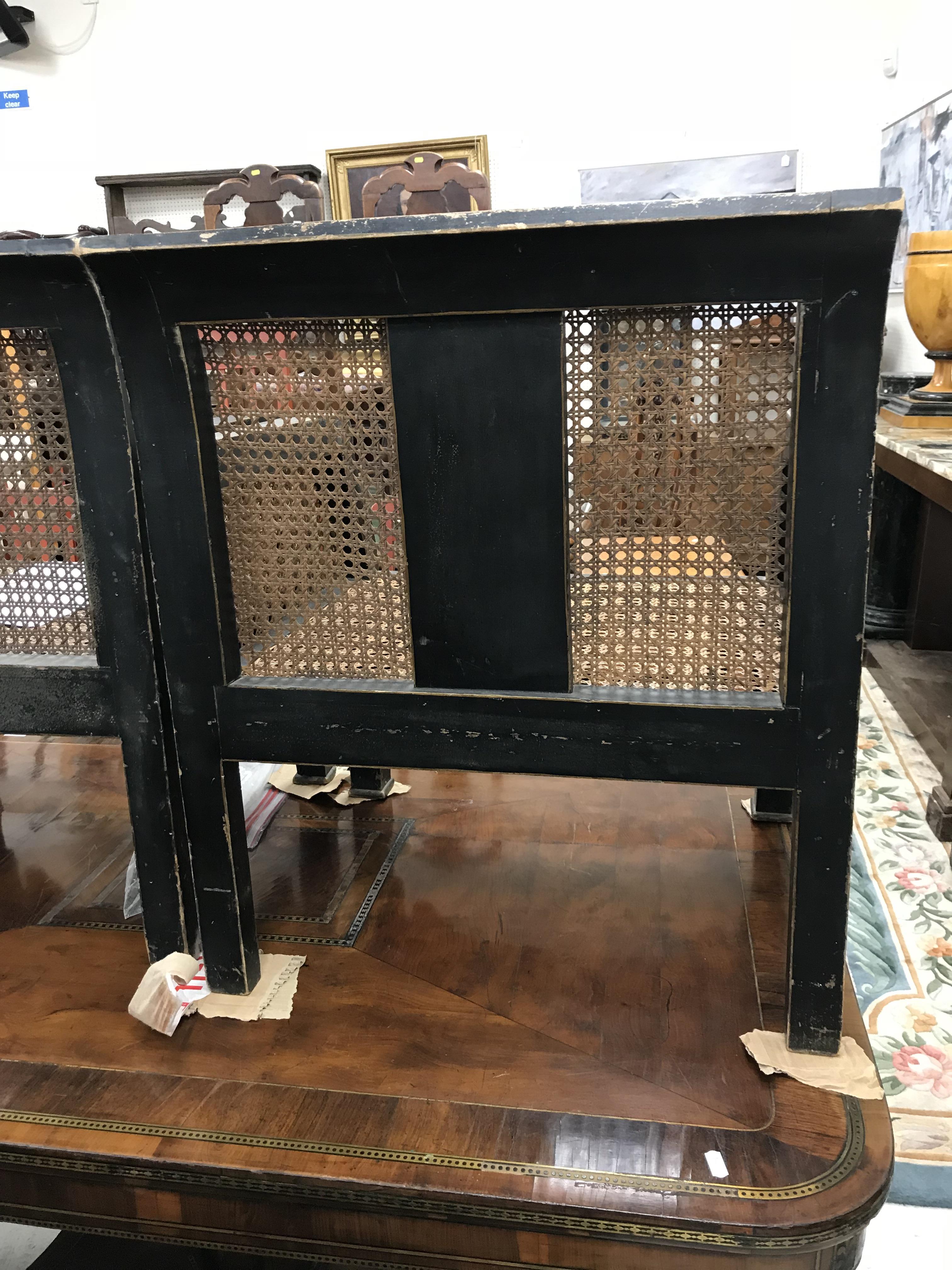 A pair of early 20th Century black lacquered and chinoiserie decorated caned low arm chairs on - Image 34 of 36