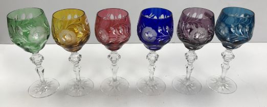 A set of six 20th Century Bohemian overlaid cut glass hock glasses in amethyst, blue, cranberry,