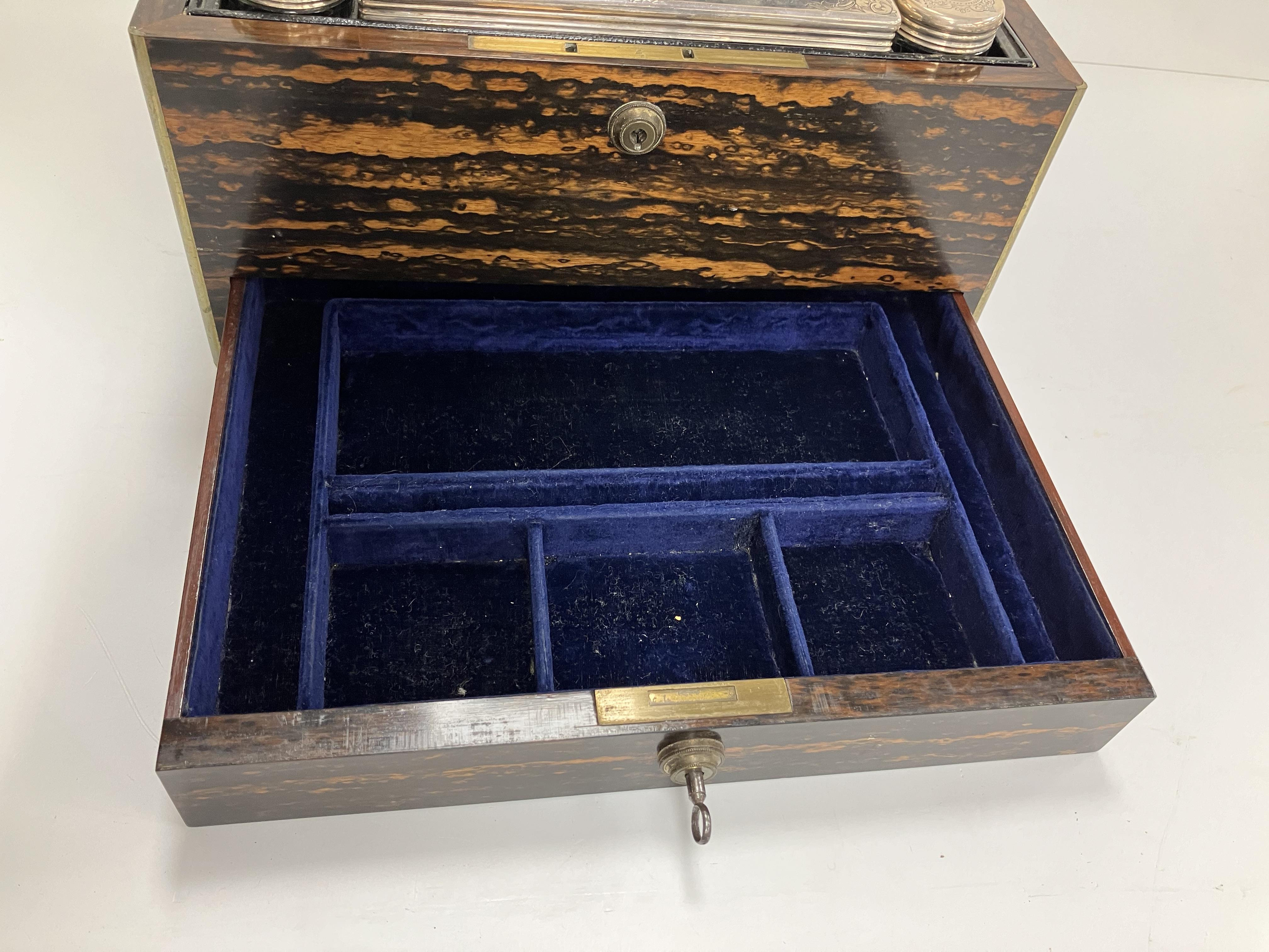 A Victorian coromandel and brass bound vanity case with cut glass and engraved silver mounted - Image 2 of 4