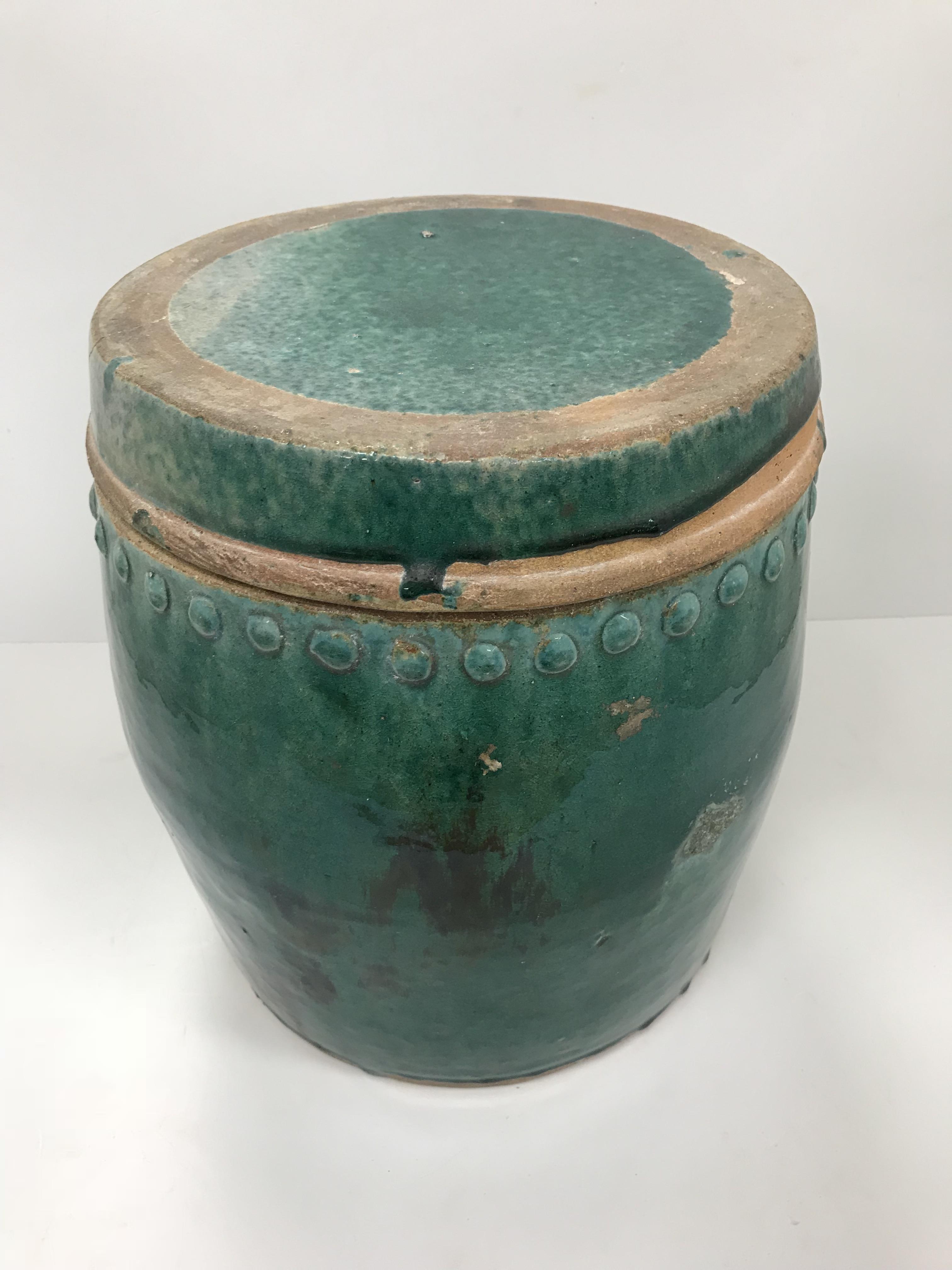 A Chinese Chiwan green glazed terracotta jar of studded barrel form with circular lid, - Image 3 of 3