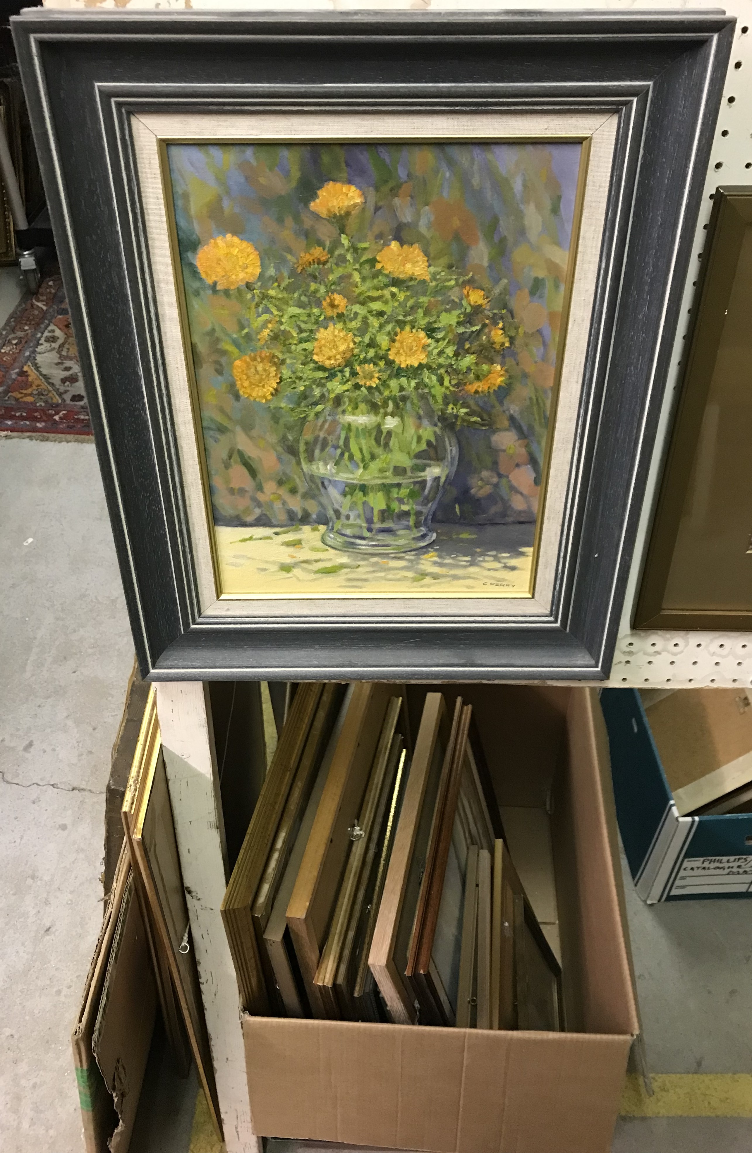 C. PERRY "Marigolds" oil on board, signed lower right, titled and dated '95 label verso, 34.