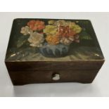 A Reuge of Switzerland musical box with floral still life printed lid, playing "Cuckoo-Cuckoo", 10.