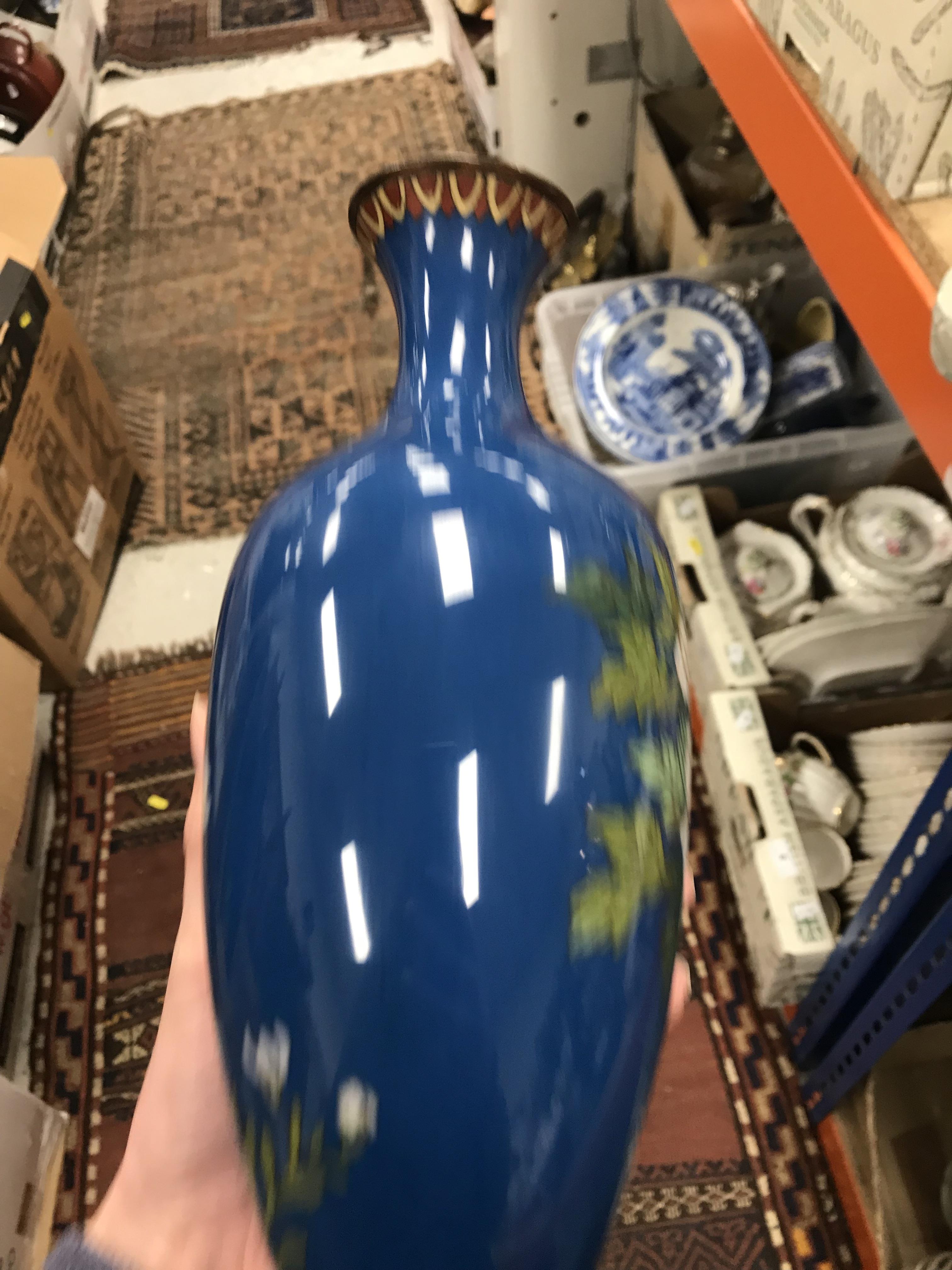 Two similar Chinese blue ground cloisonné vases with floral spray and blossom decoration, - Image 24 of 38