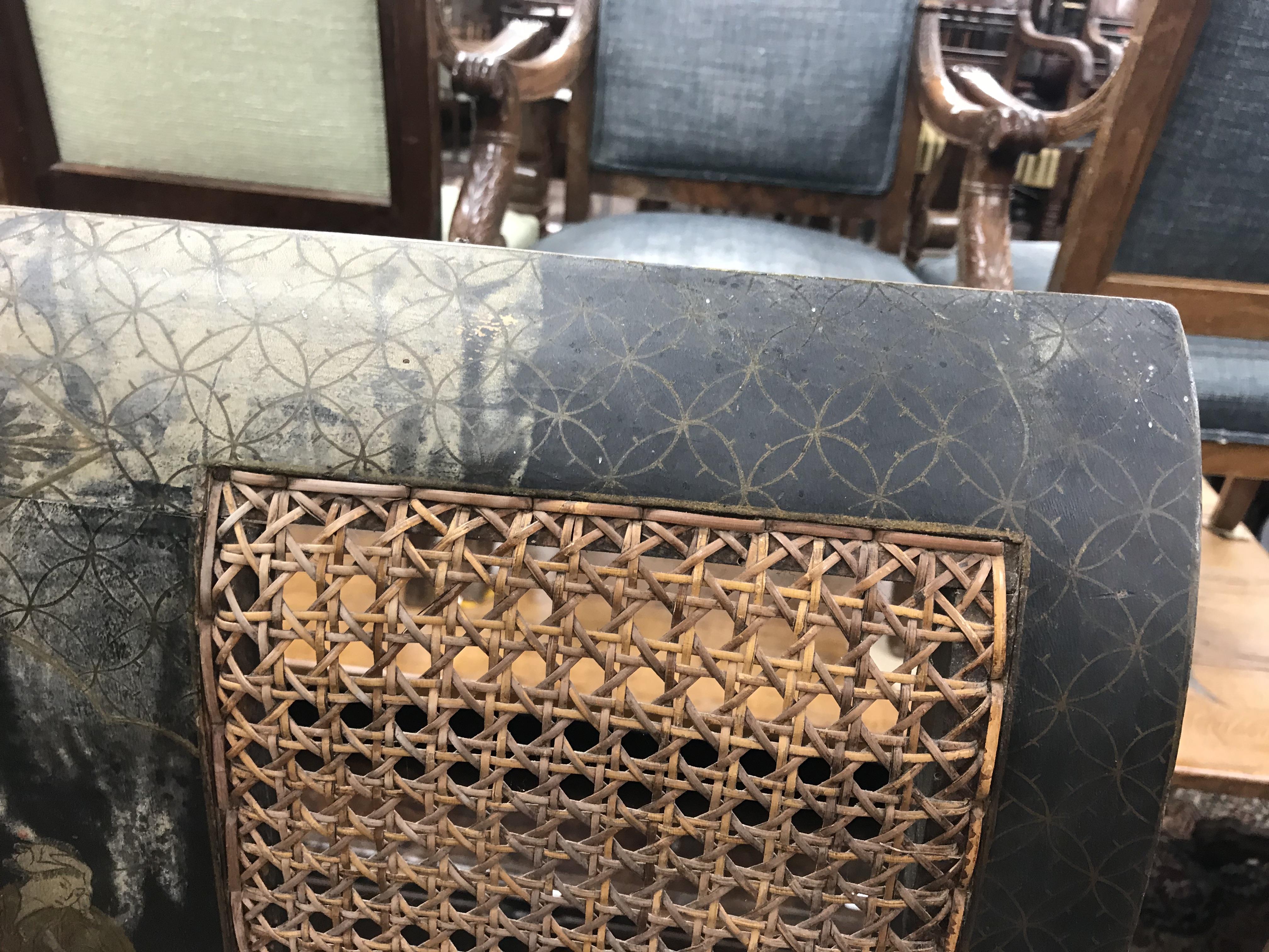 A pair of early 20th Century black lacquered and chinoiserie decorated caned low arm chairs on - Image 19 of 36