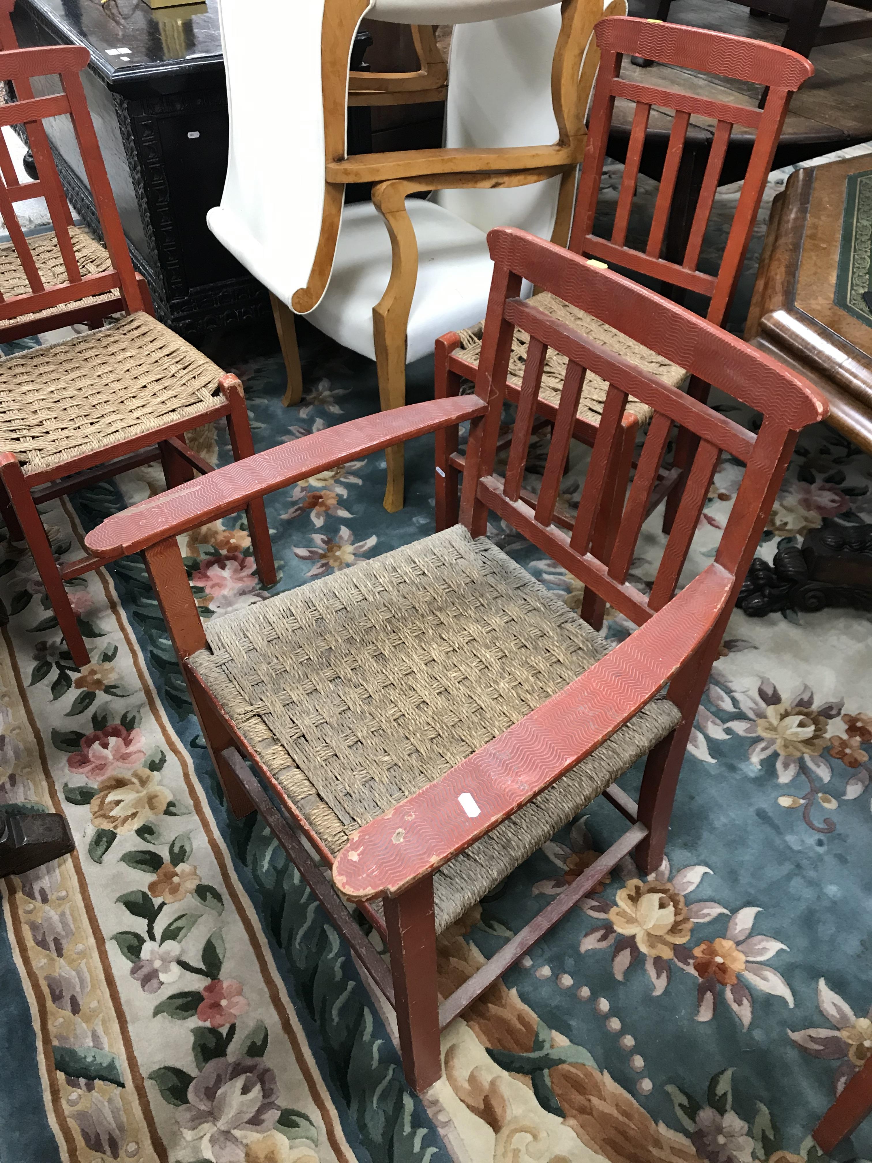 A set of six mid 20th Century red painted wrigglework decorated framed dining chairs, - Image 73 of 128