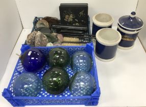 Three various glazed stoneware pharmaceutical jars together with a box containing assorted glass