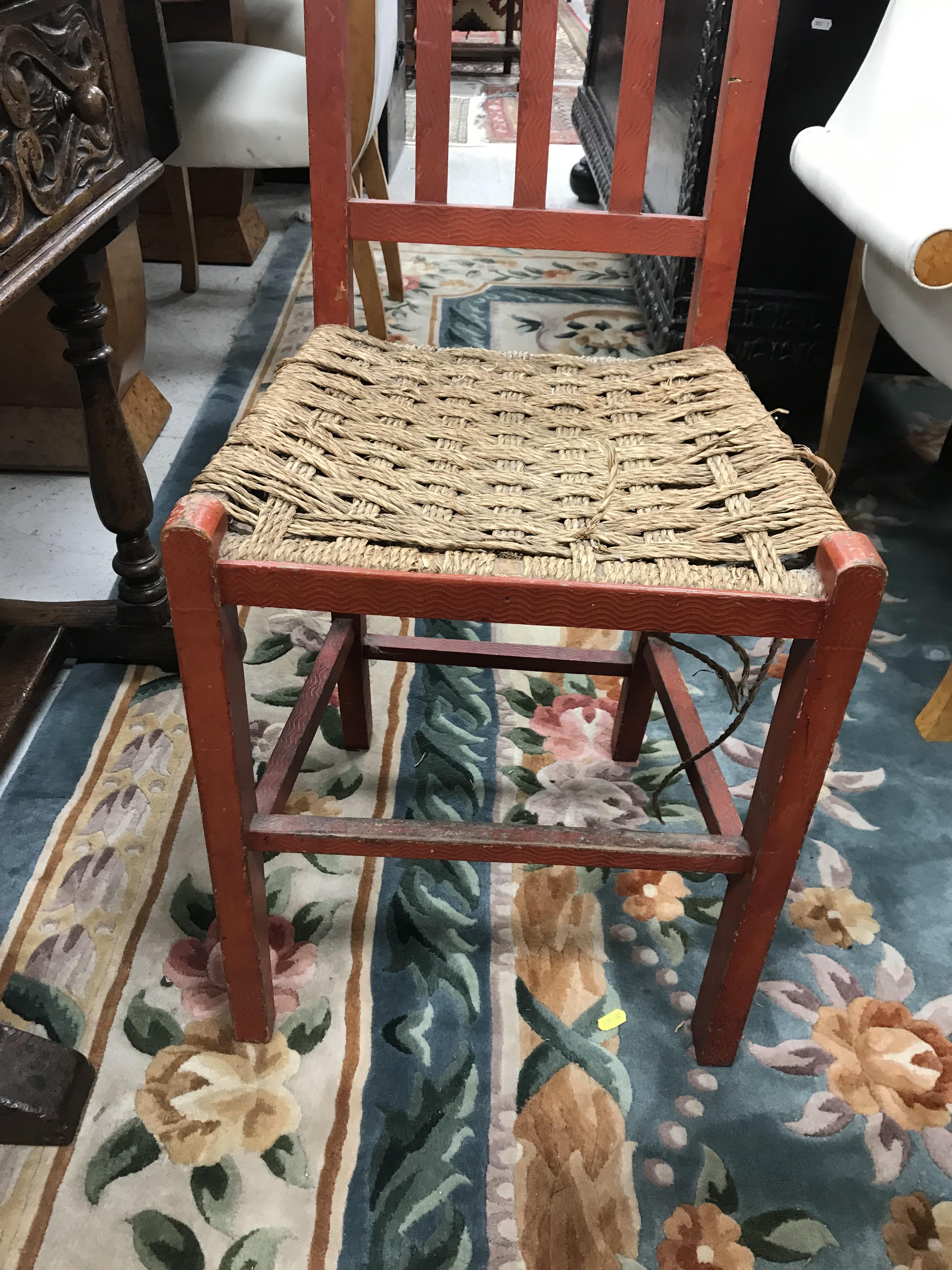 A set of six mid 20th Century red painted wrigglework decorated framed dining chairs, - Image 35 of 128