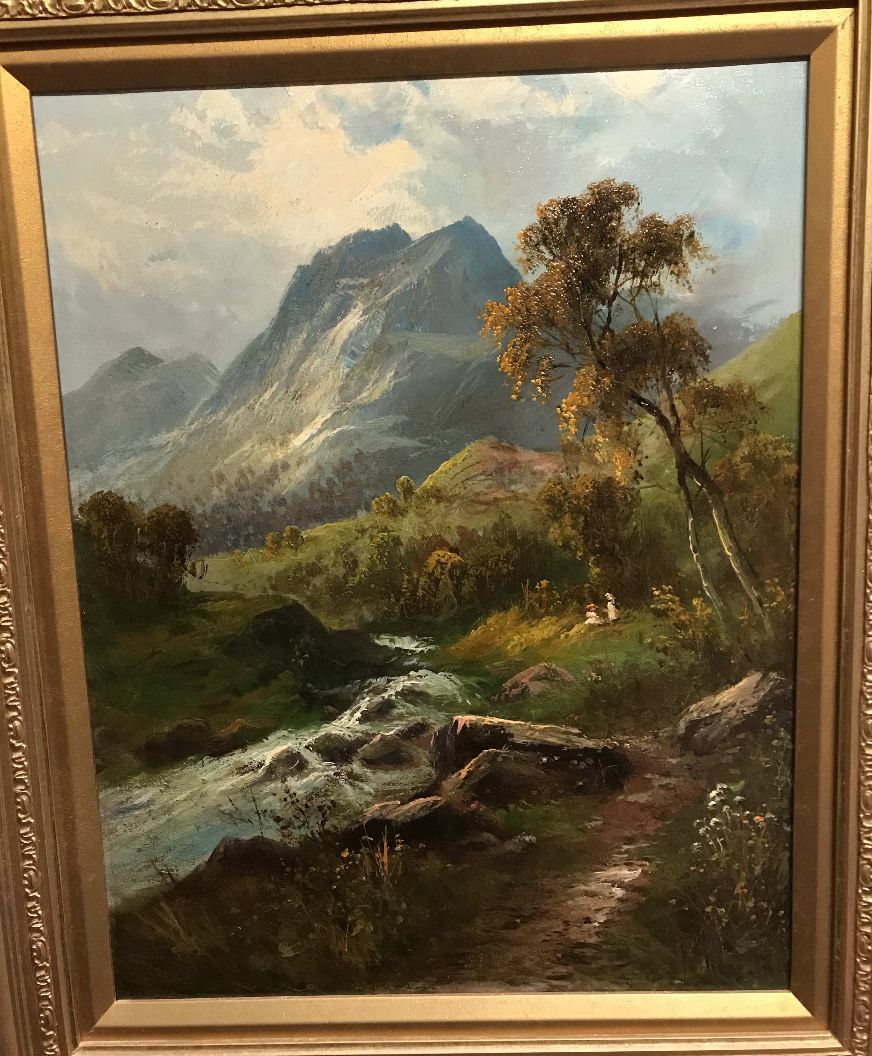 F HALER? "A Highland stream" a river mountain scene with two children on bank, oil on canvas, - Image 3 of 3