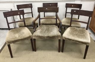 A set of six Regency mahogany bar back dining chairs with upholstered seats on square reeded