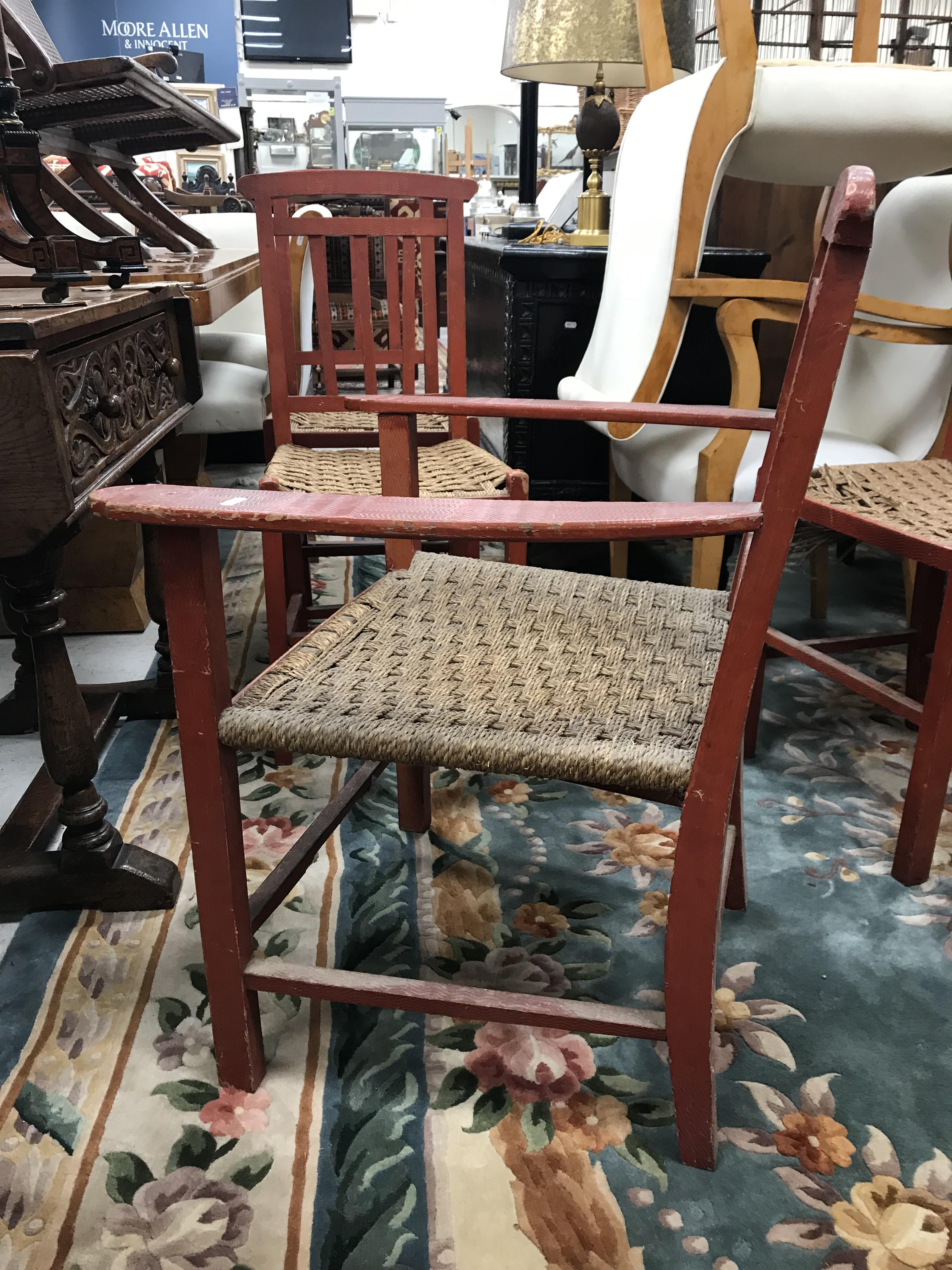 A set of six mid 20th Century red painted wrigglework decorated framed dining chairs, - Image 71 of 128