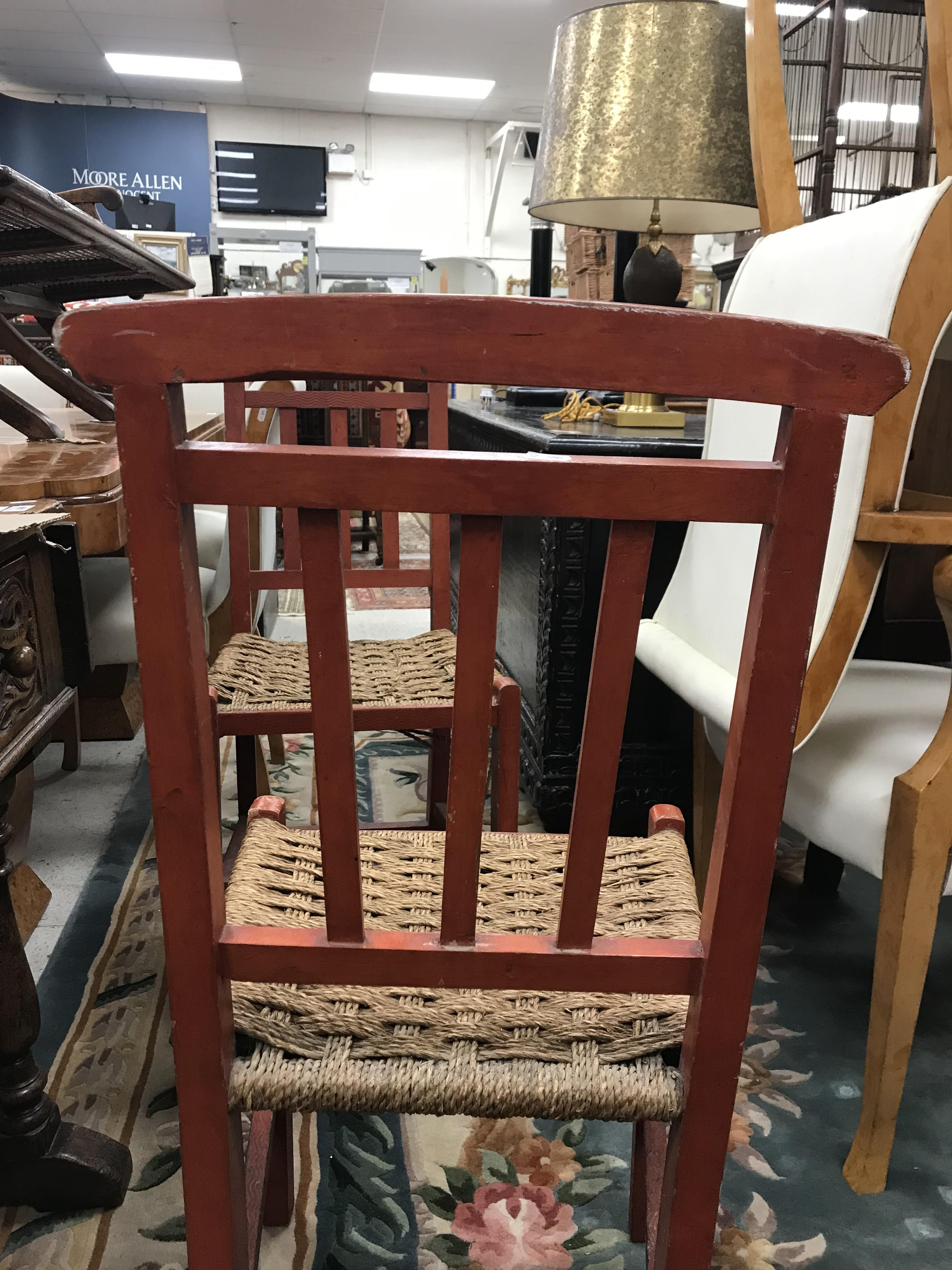 A set of six mid 20th Century red painted wrigglework decorated framed dining chairs, - Image 40 of 128