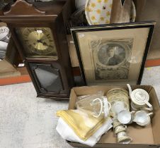 A box of miscellaneous china, together with a Metamec drop dial wall clock,