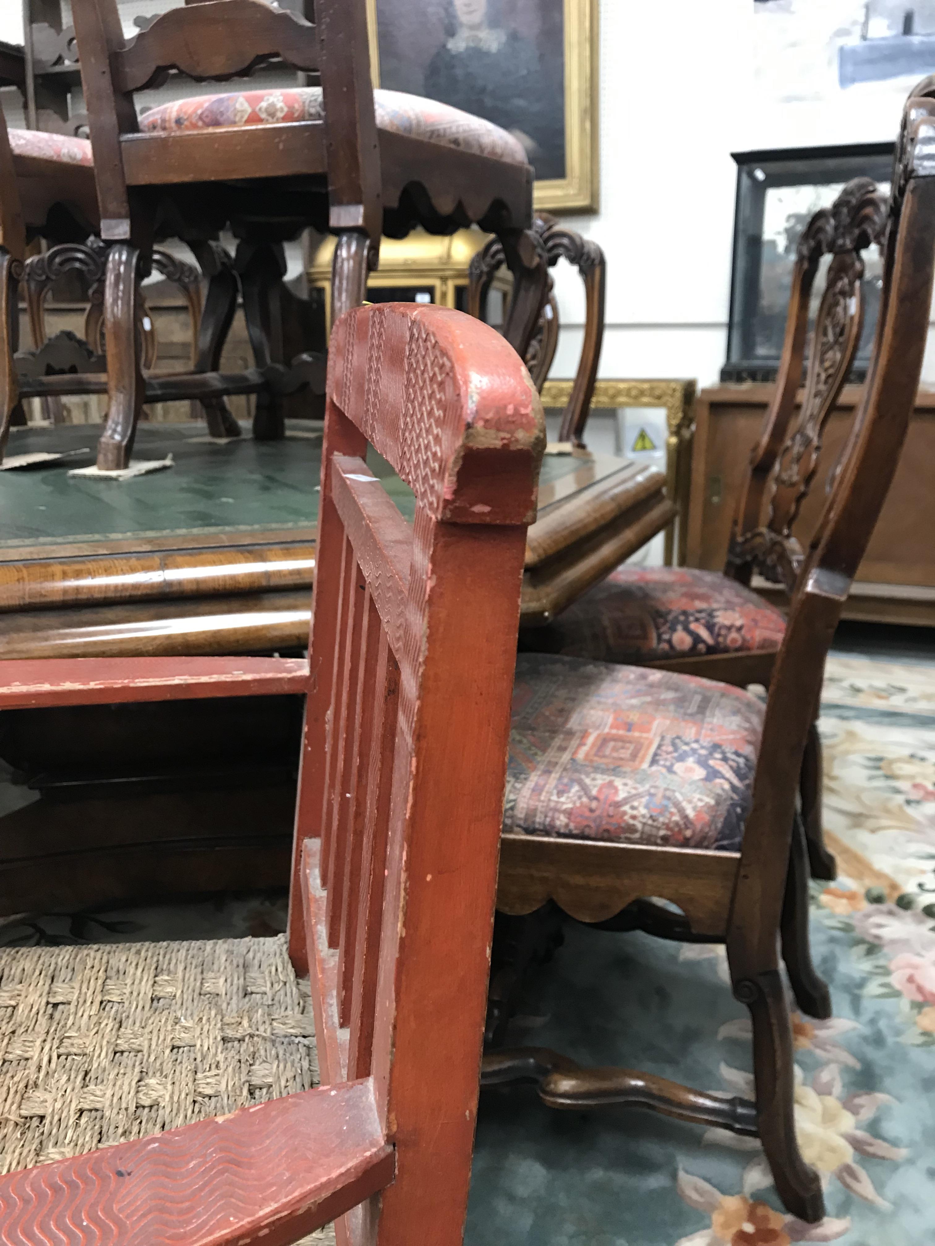 A set of six mid 20th Century red painted wrigglework decorated framed dining chairs, - Image 103 of 128