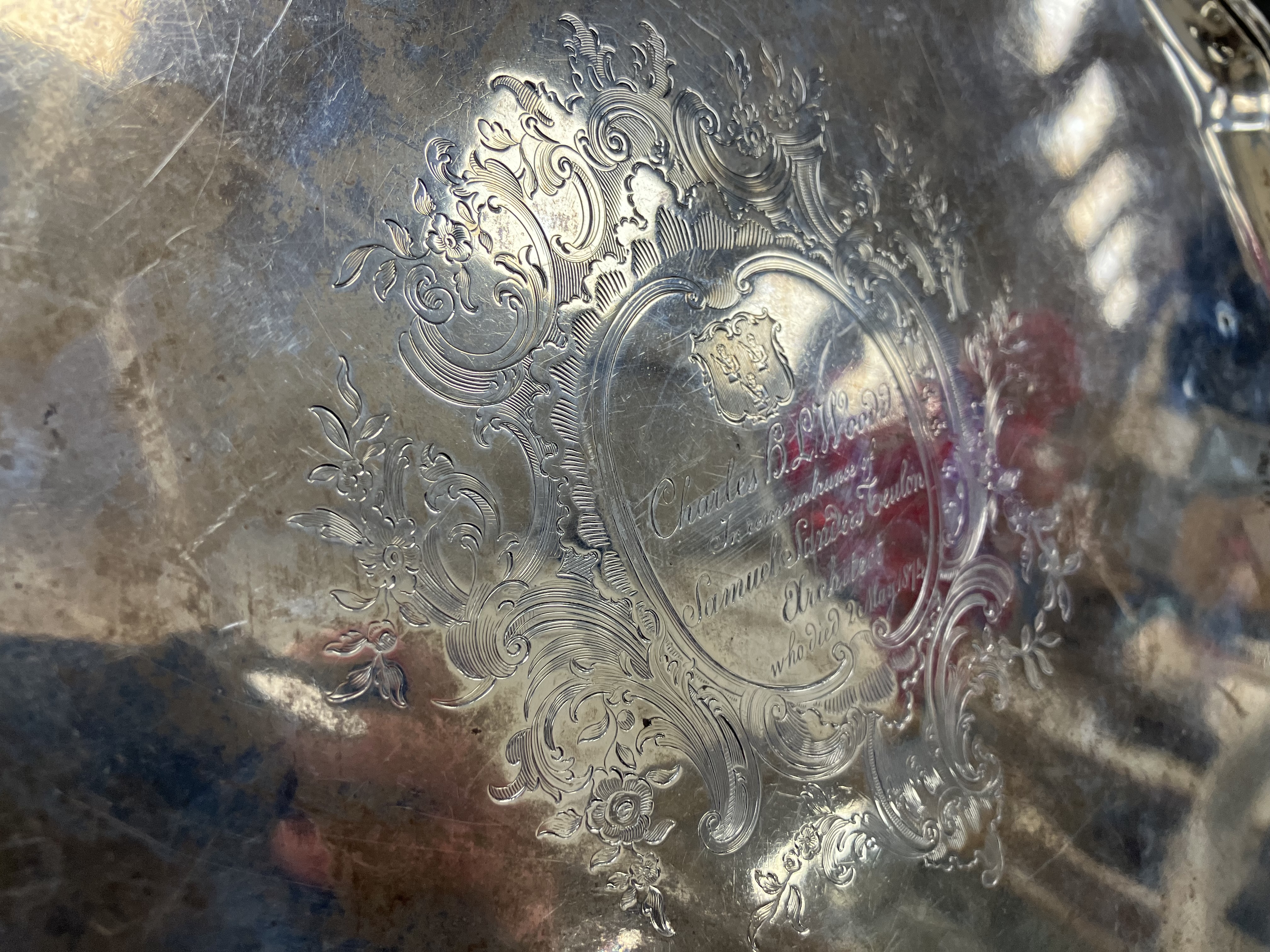 A George II silver salver with pie crust edge raised on four scrolling feet bearing inscription - Image 5 of 8