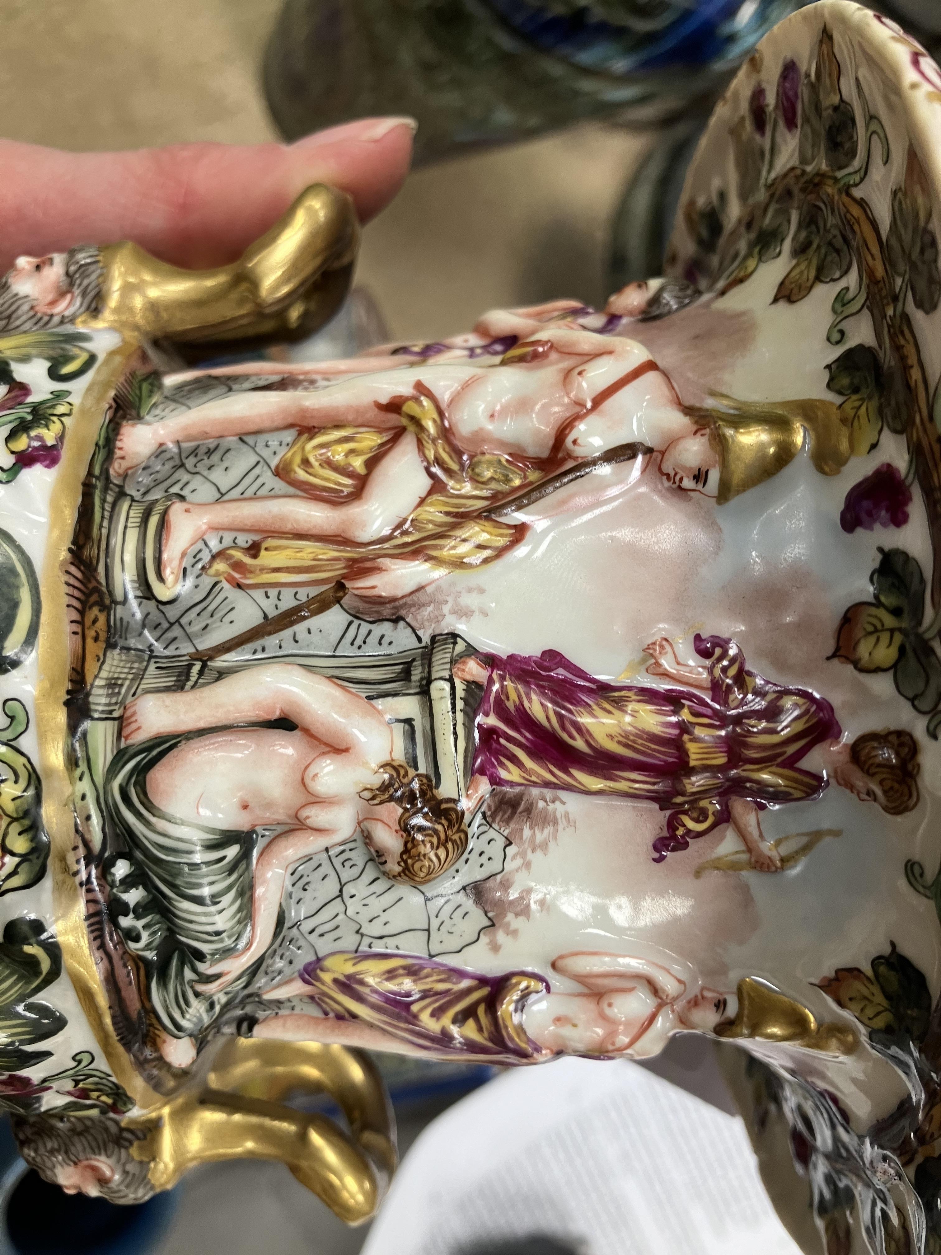 A Capodimonte polychrome relief decorated urn shaped vase with egg and dart rim over a classically - Image 36 of 41