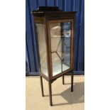 An Edwardian mahogany and satinwood strung display cabinet with single lozenge decorated door