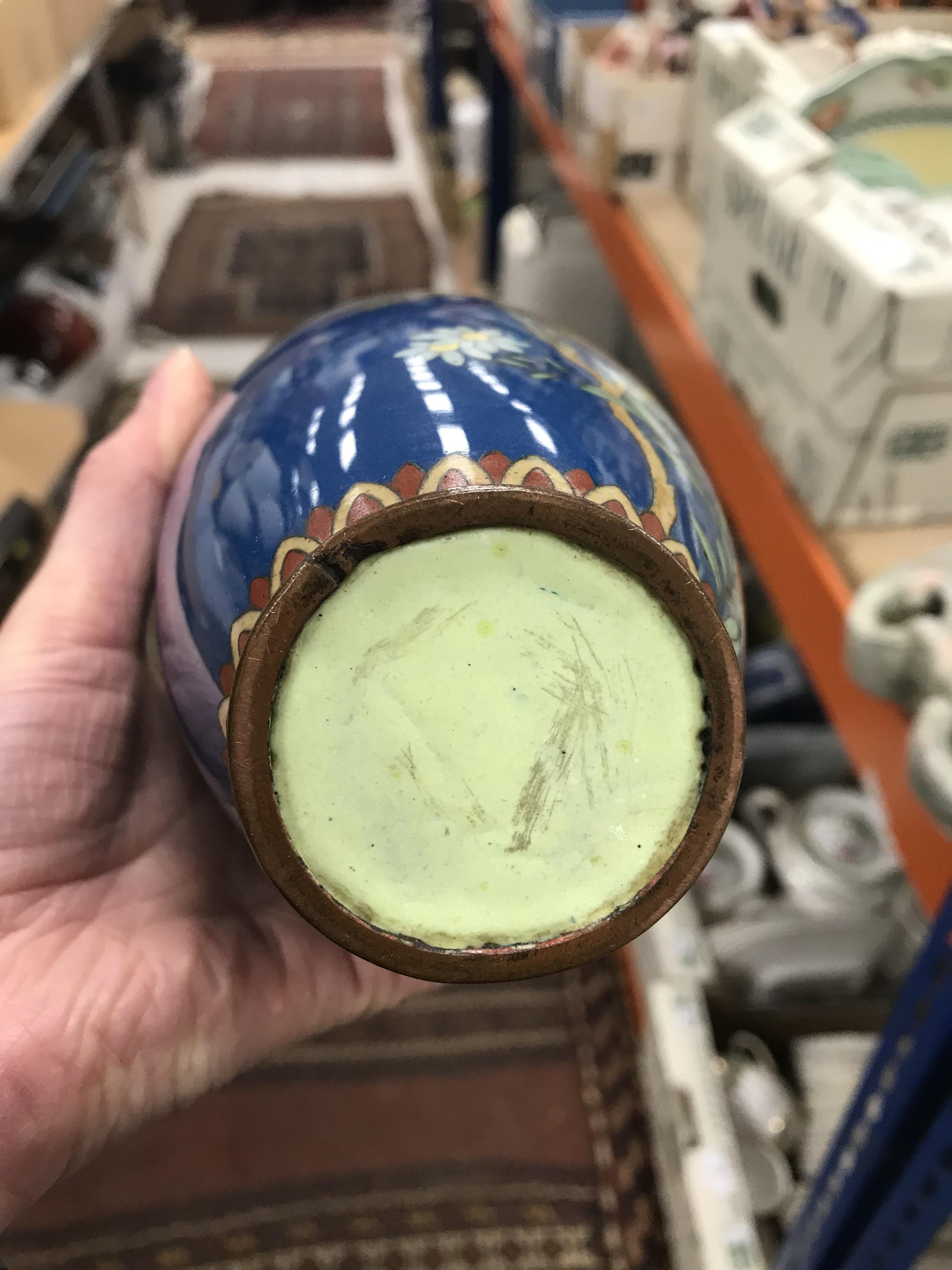 Two similar Chinese blue ground cloisonné vases with floral spray and blossom decoration, - Image 21 of 38