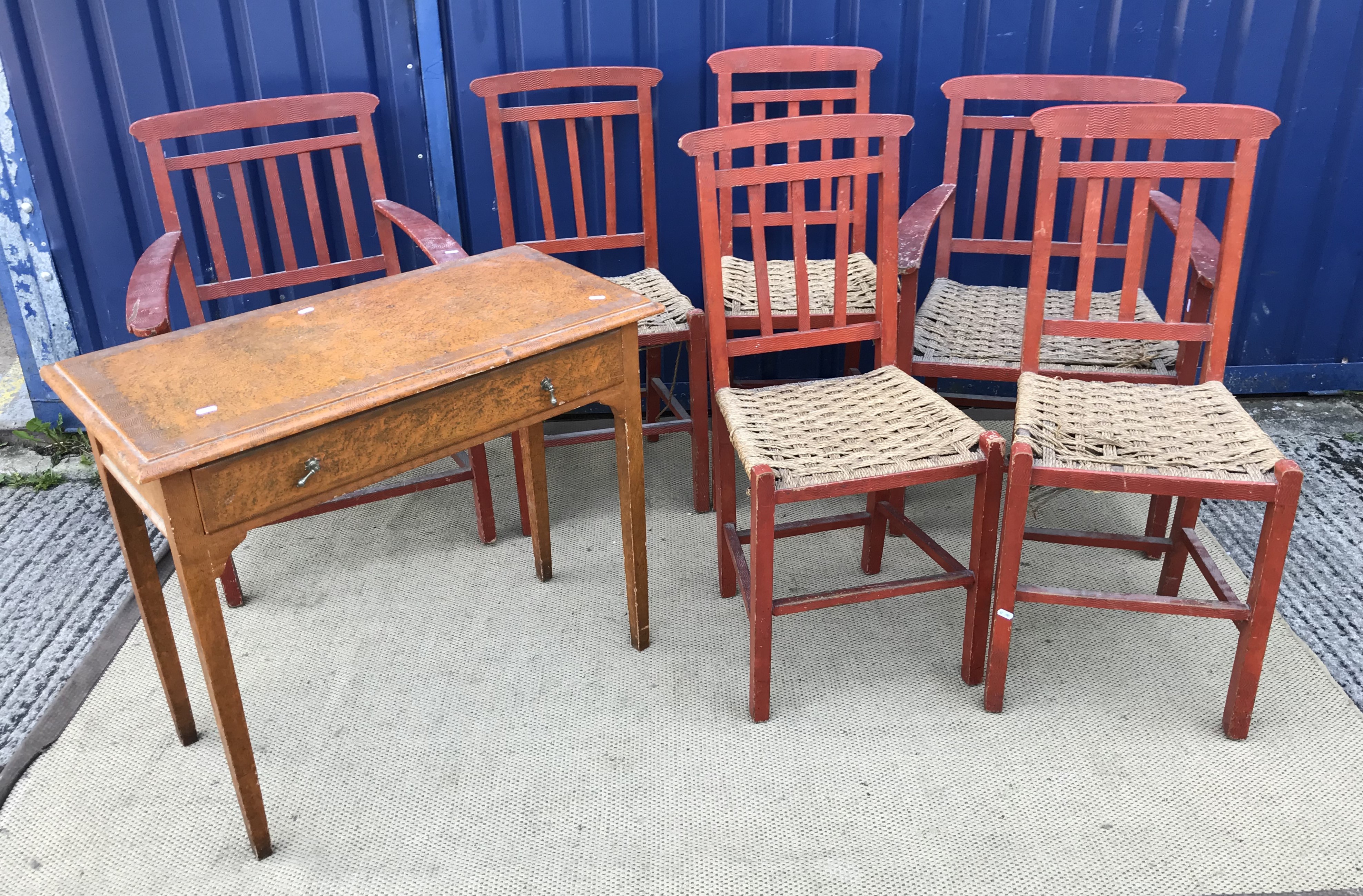 A set of six mid 20th Century red painted wrigglework decorated framed dining chairs, - Image 3 of 128