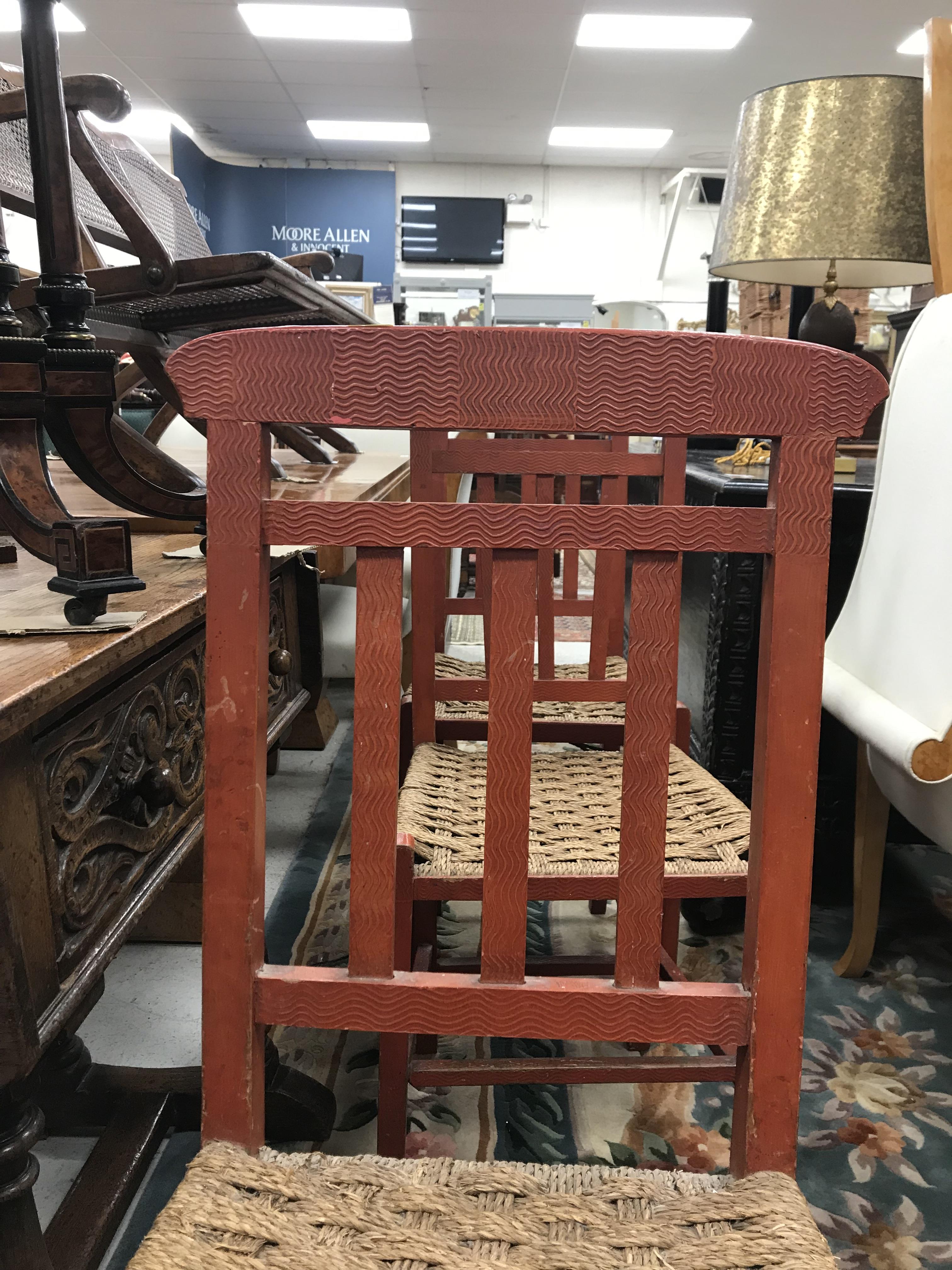 A set of six mid 20th Century red painted wrigglework decorated framed dining chairs, - Image 58 of 128