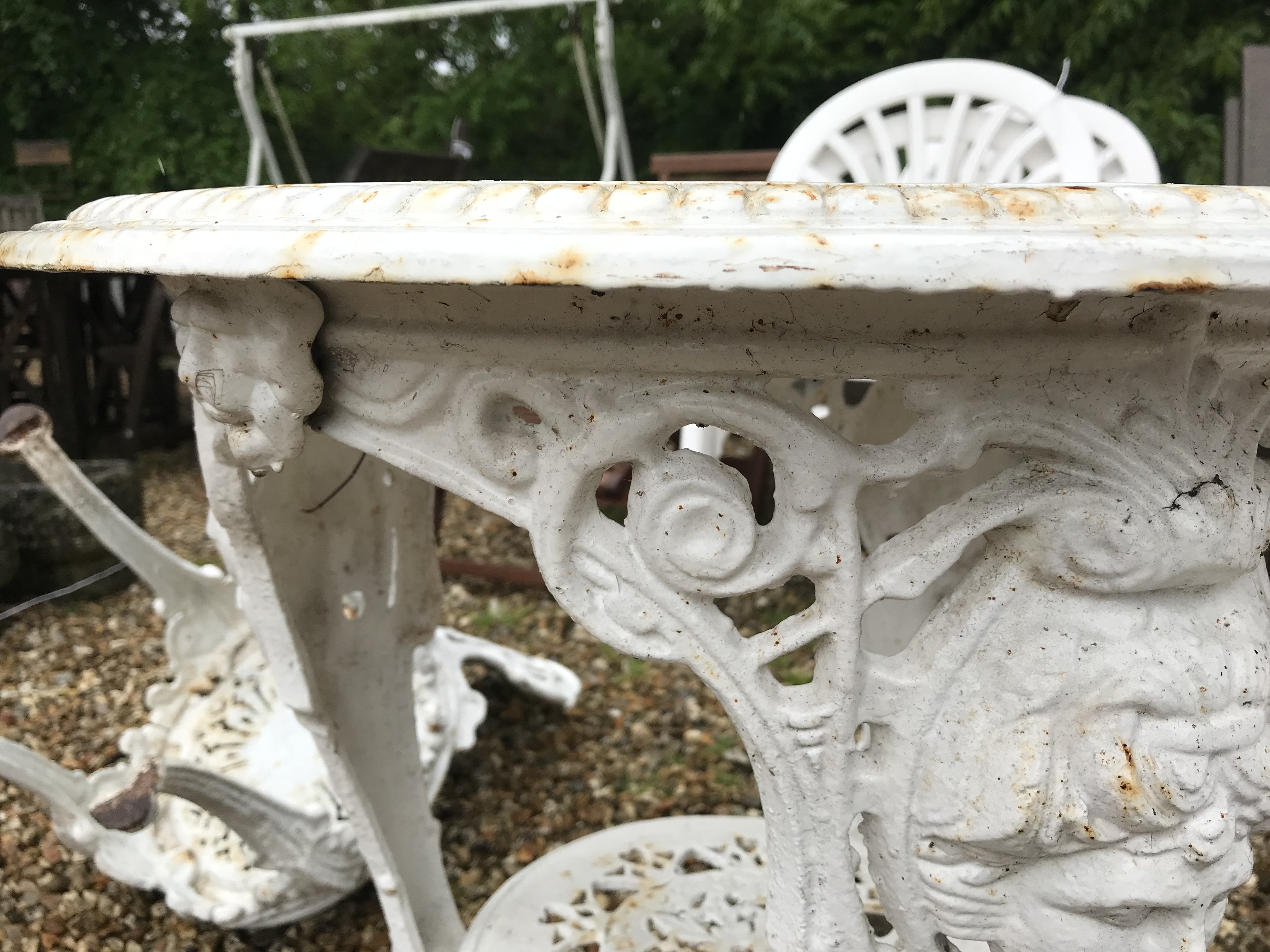 A cast iron Britannia style garden table and two chairs CONDITION REPORTS cRust is - Image 13 of 52