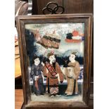 19TH CENTURY CHINESE SCHOOL "Study of three figures on a veranda" reverse painted on glass,